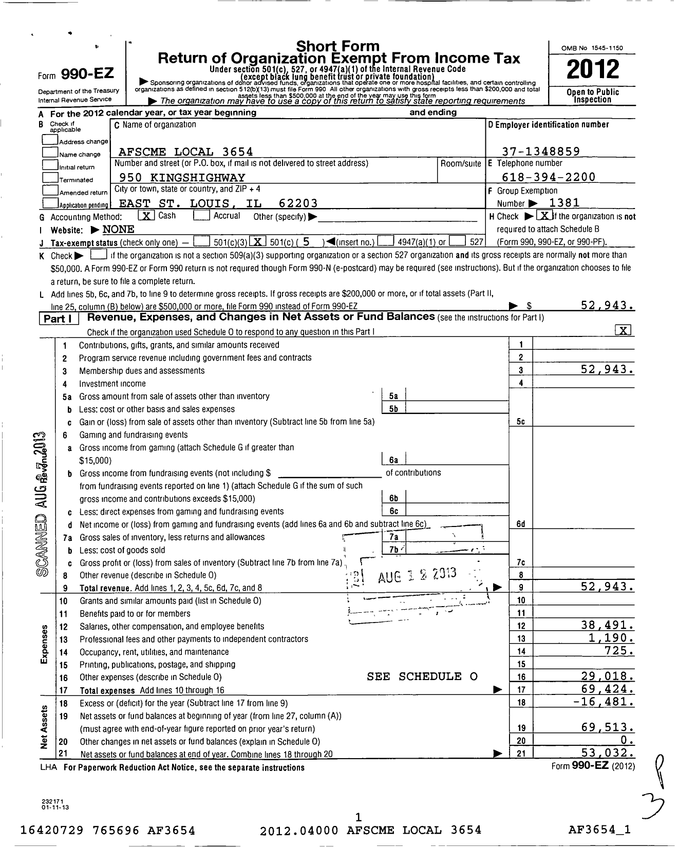 Image of first page of 2012 Form 990EO for American Federation of State County & Municipal Employees - L3654il STHWSTRN Il Corr Ctr Emps