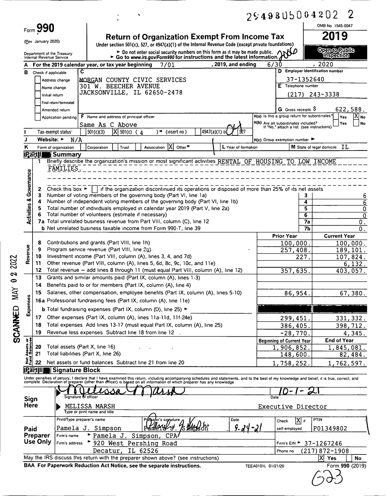 Image of first page of 2019 Form 990O for Morgan County Civic Services