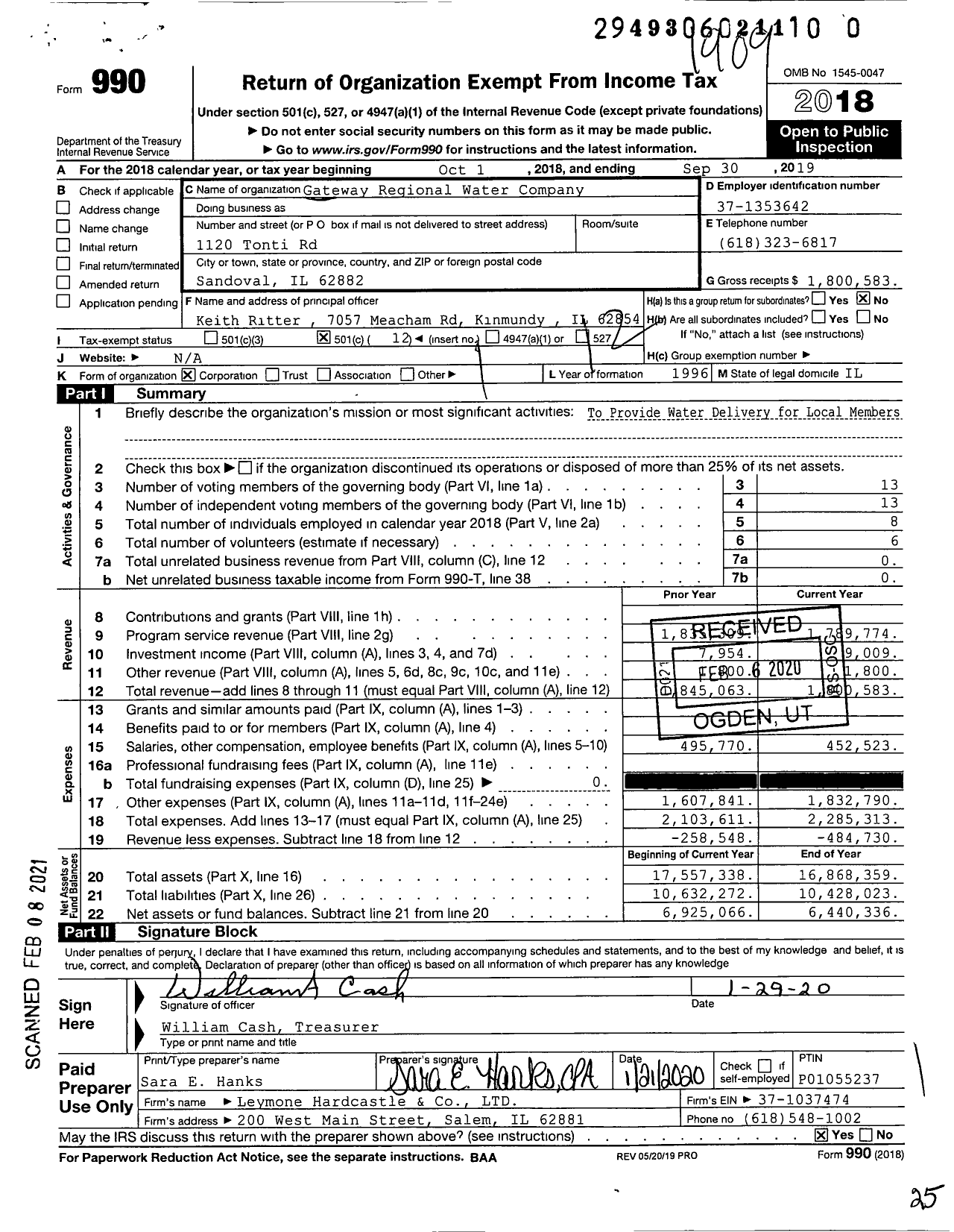 Image of first page of 2018 Form 990O for Gateway Regional Water Company