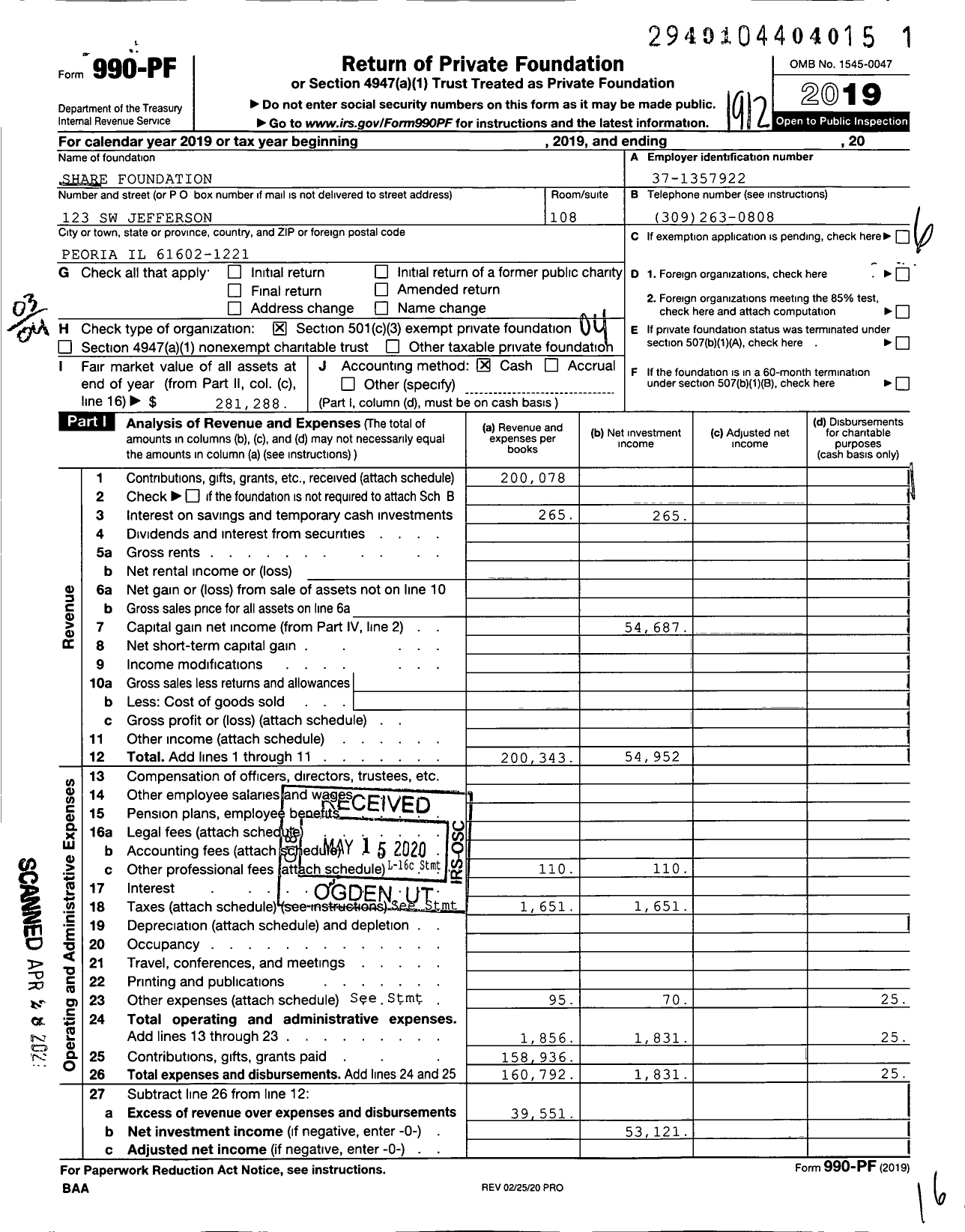 Image of first page of 2019 Form 990PF for Share Foundation