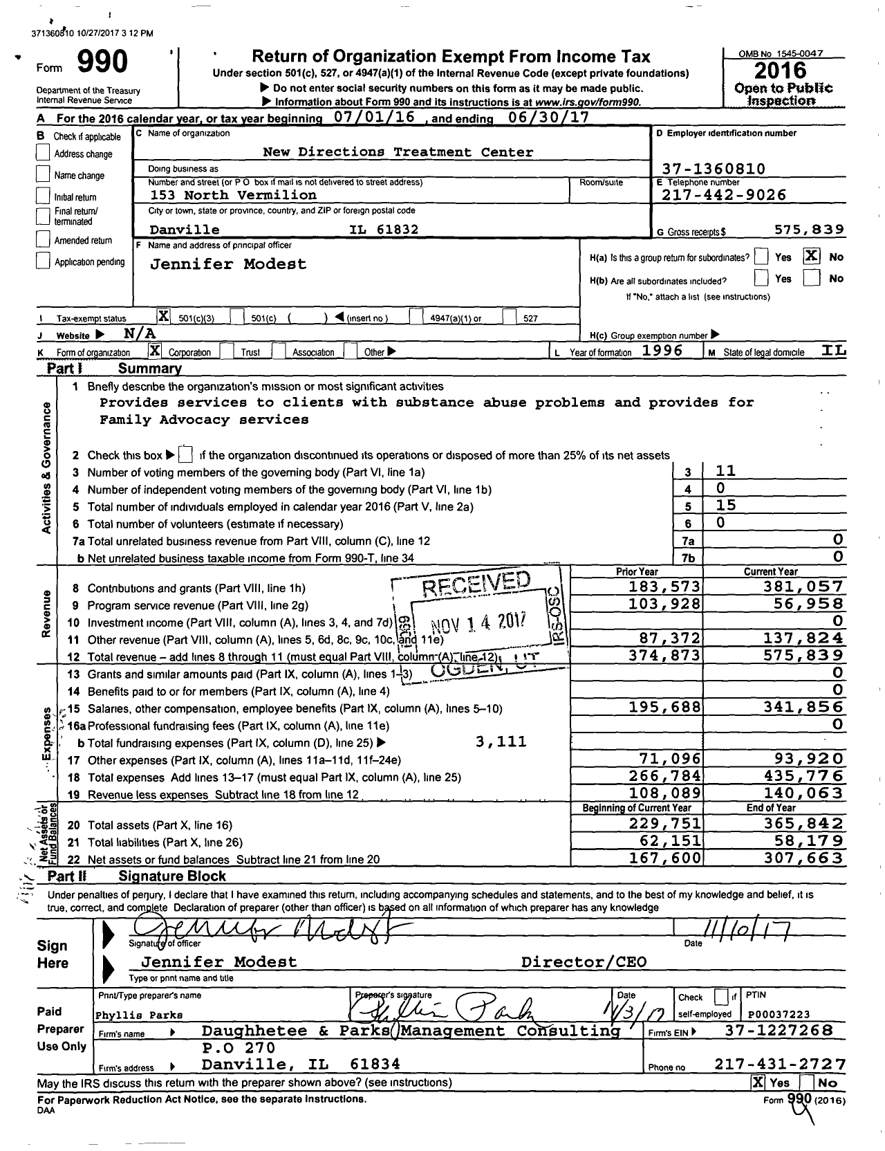 Image of first page of 2016 Form 990 for New Directions Treatment Center