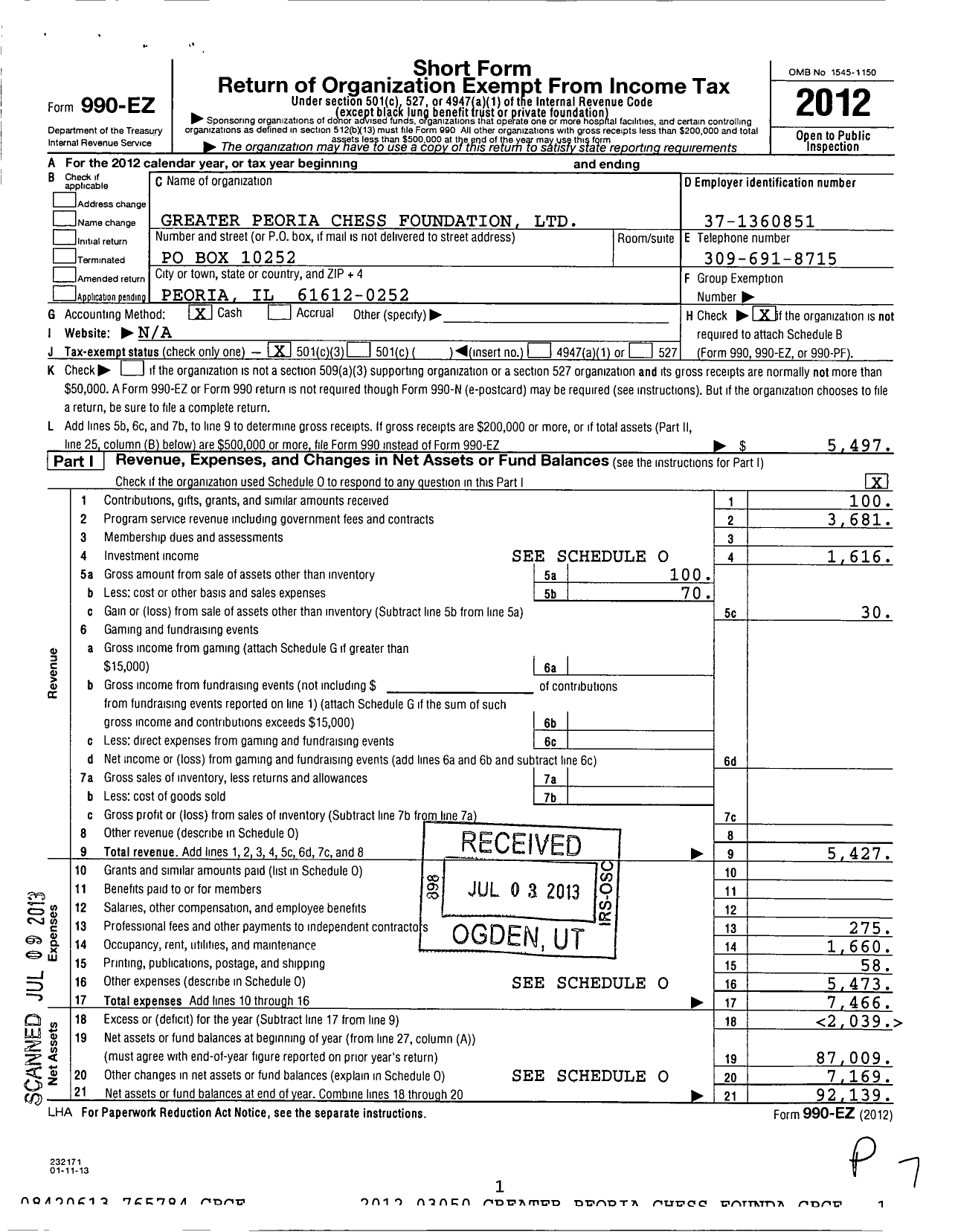 Image of first page of 2012 Form 990EZ for Greater Peoria Chess Foundation