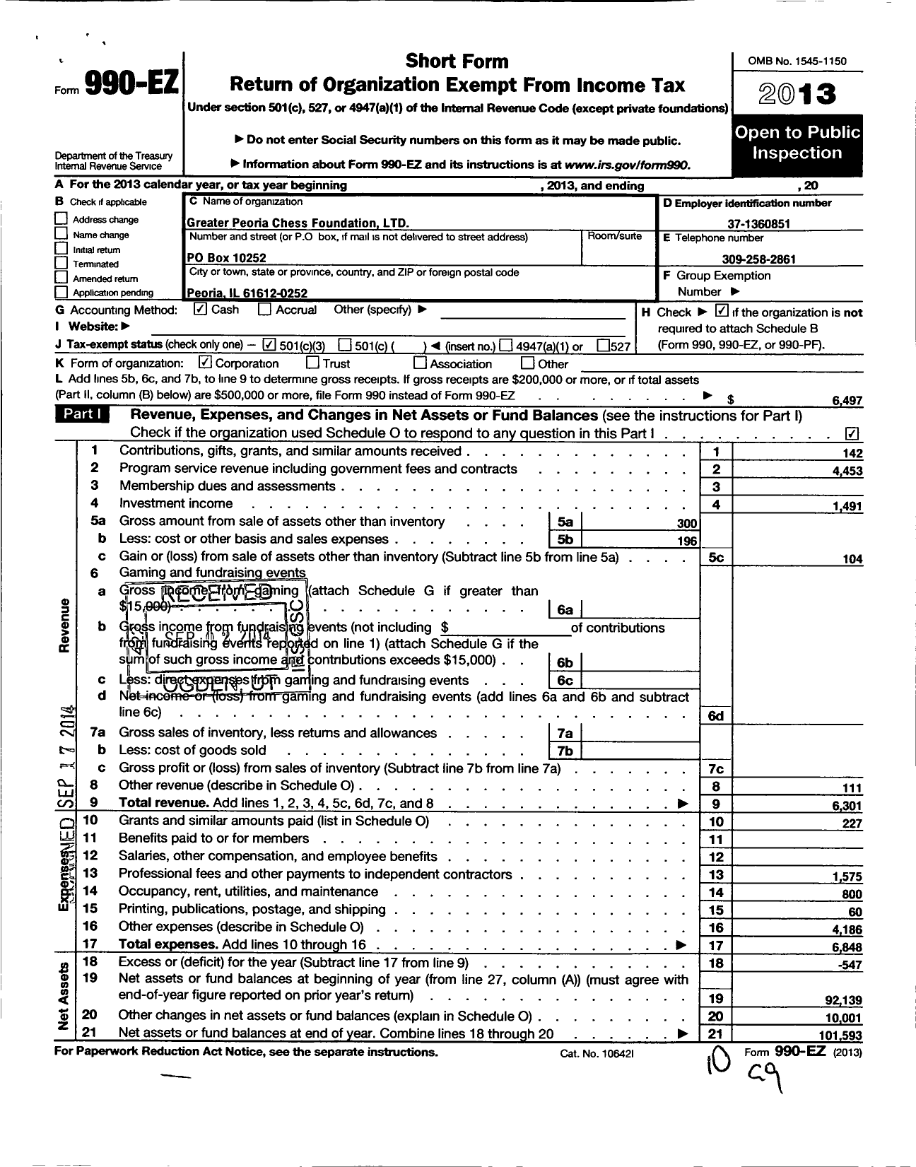 Image of first page of 2013 Form 990EZ for Greater Peoria Chess Foundation