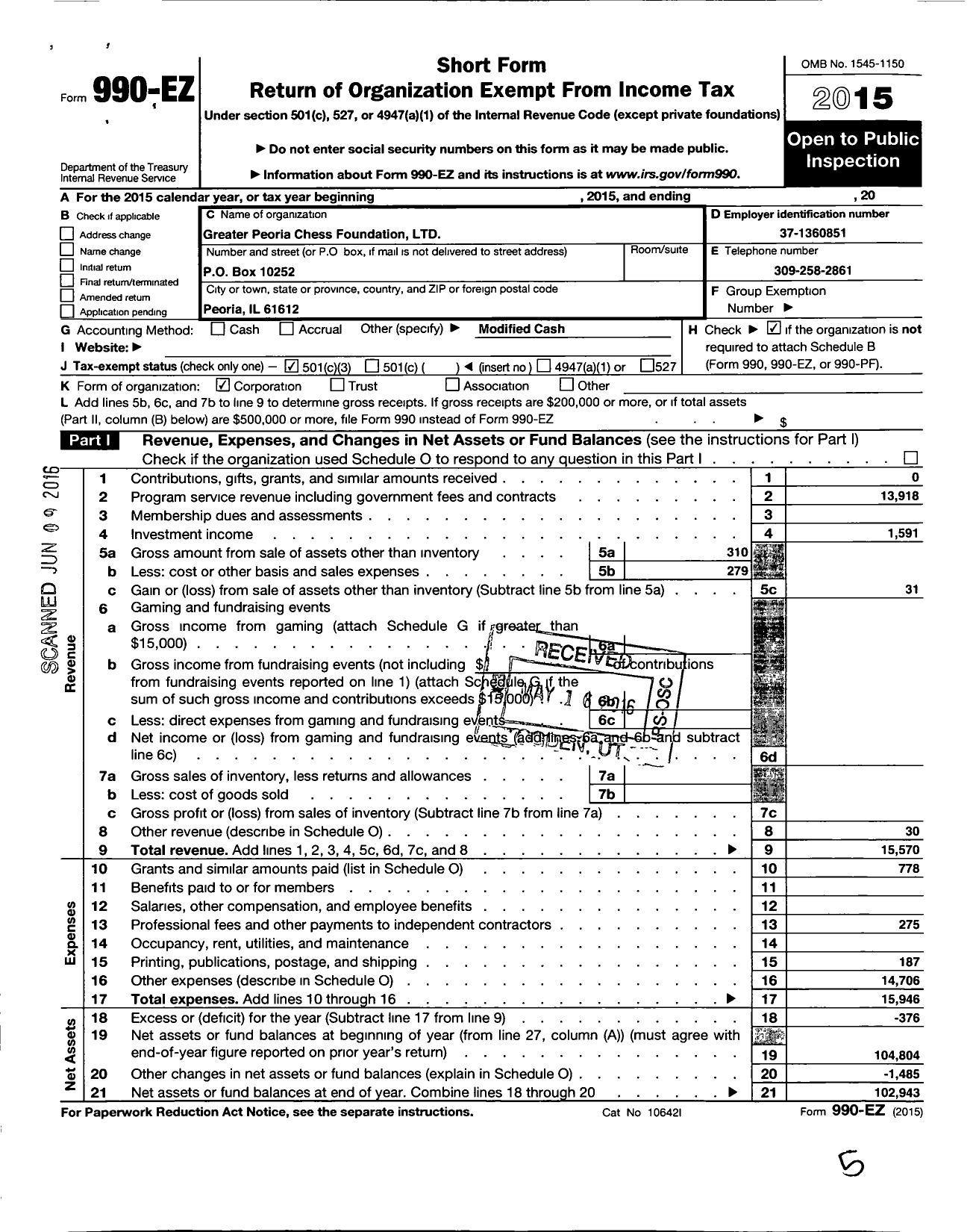 Image of first page of 2015 Form 990EZ for Greater Peoria Chess Foundation