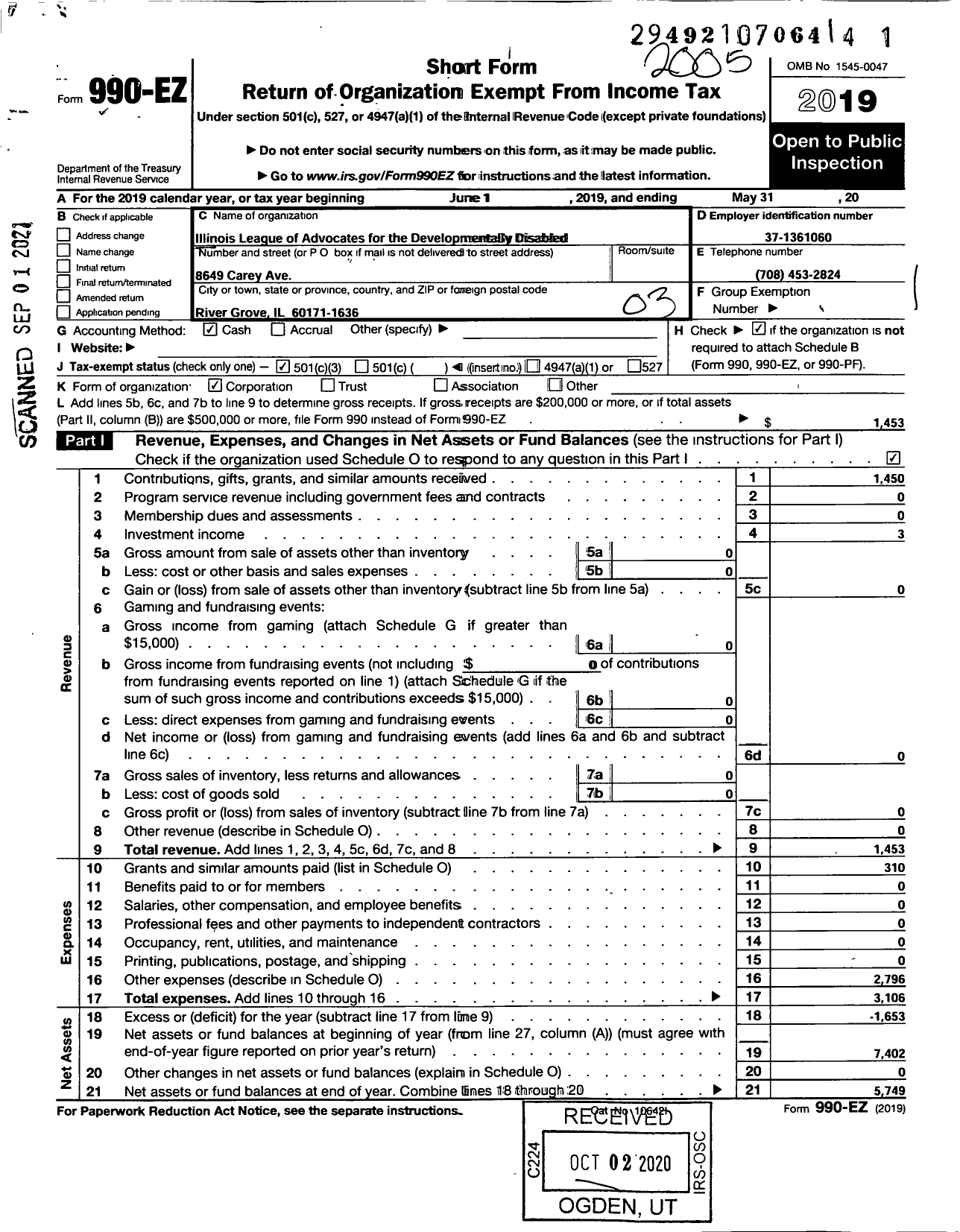 Image of first page of 2019 Form 990EZ for Illinois League of Advocates for the Developmentally Disabled