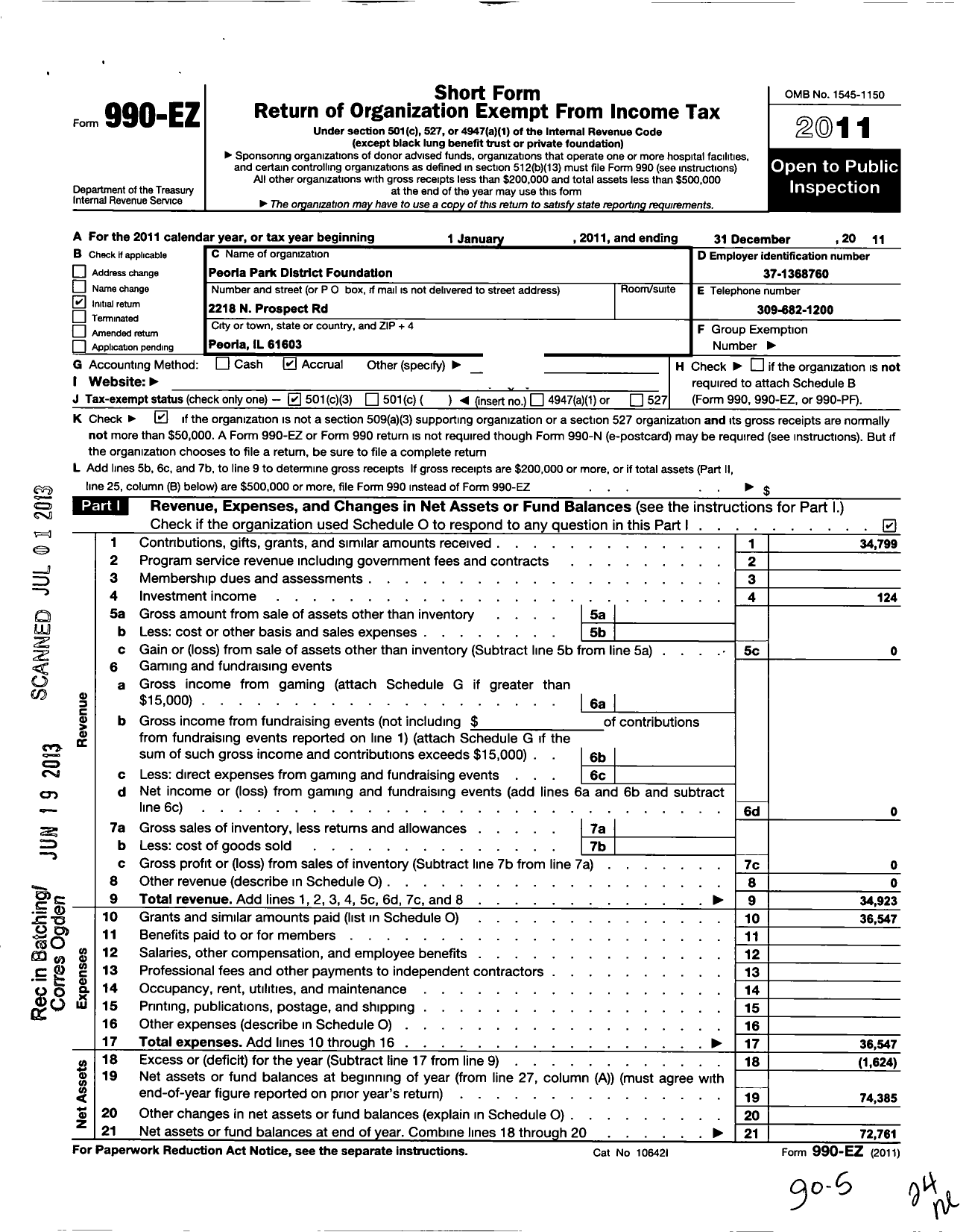 Image of first page of 2011 Form 990EZ for Peoria Park District Foundation