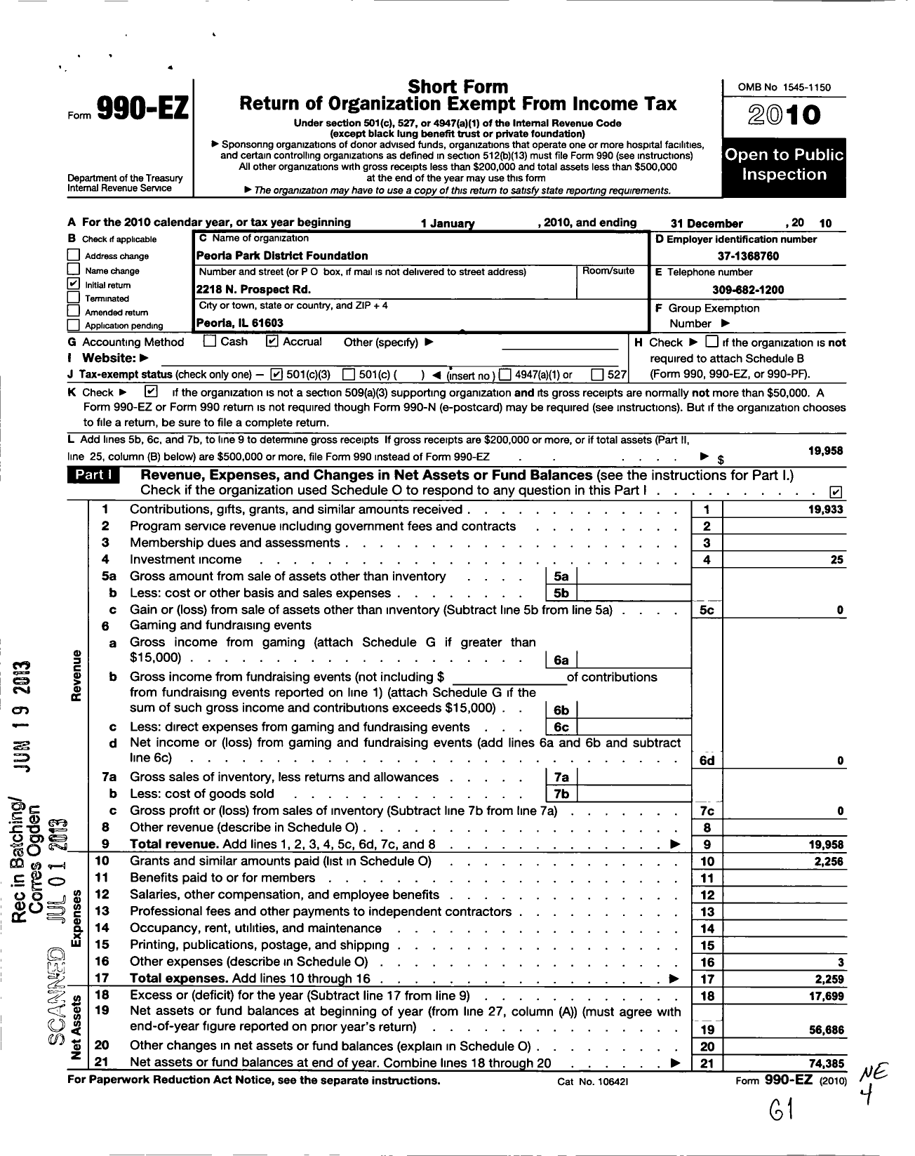 Image of first page of 2010 Form 990EZ for Peoria Park District Foundation