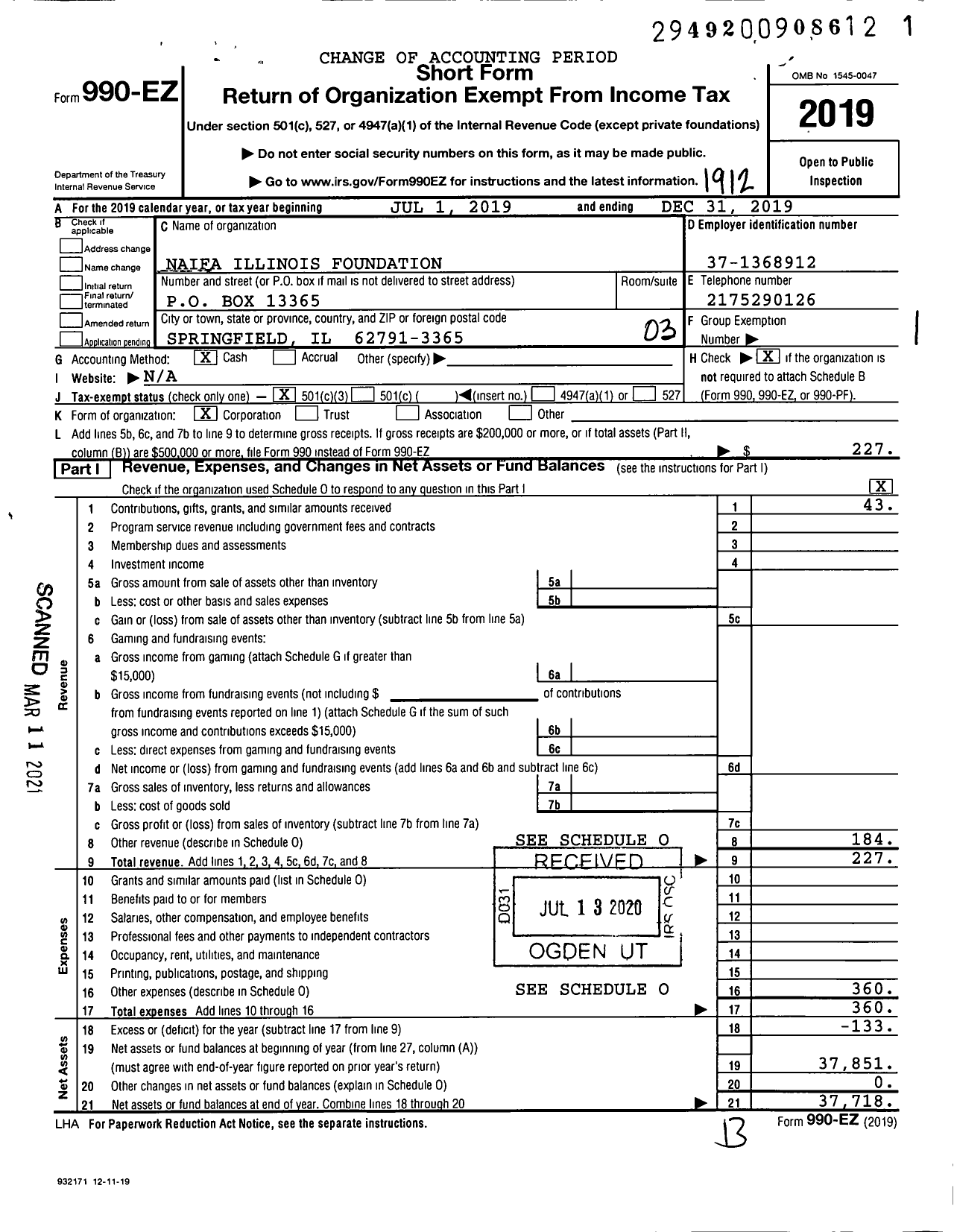 Image of first page of 2019 Form 990EZ for Naifa Illinois Foundation