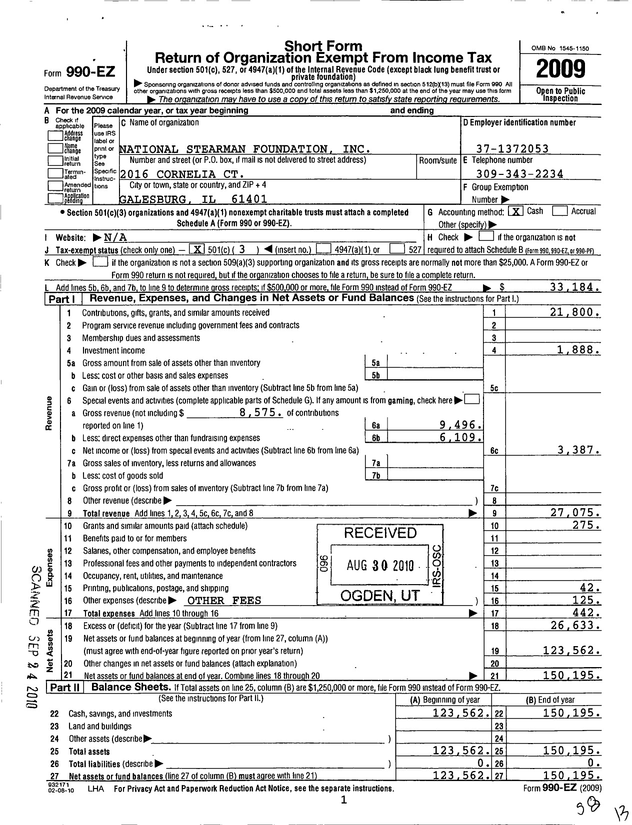 Image of first page of 2009 Form 990EZ for National Stearman Foundation