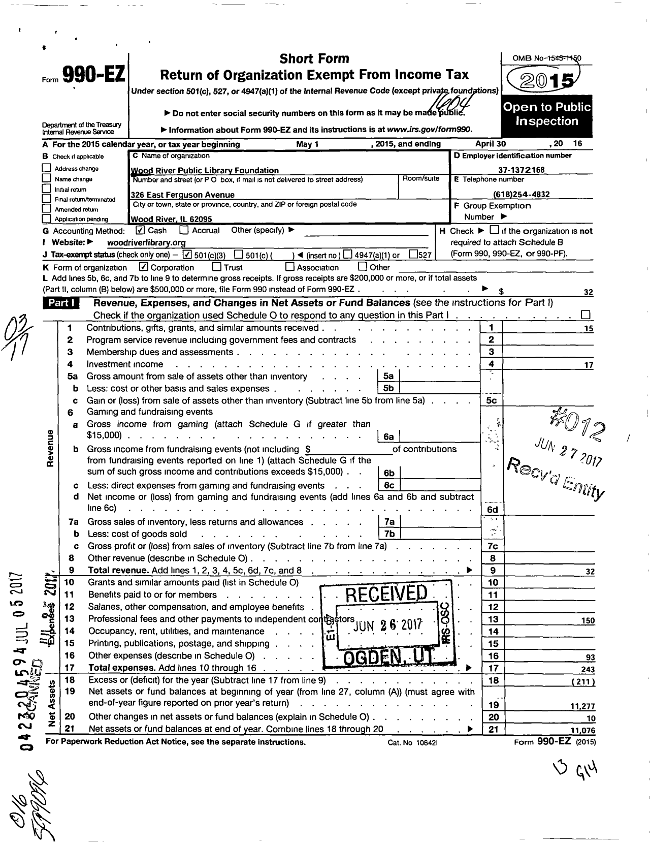 Image of first page of 2015 Form 990EZ for Wood River Public Library Foundation