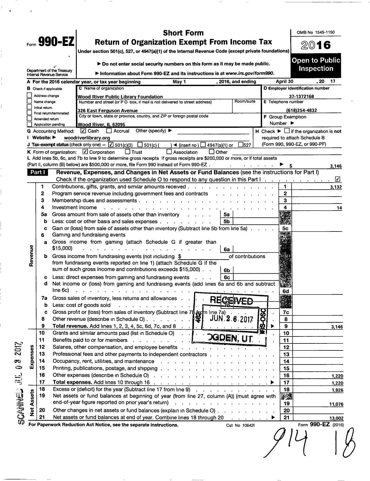 Image of first page of 2016 Form 990EZ for Wood River Public Library Foundation