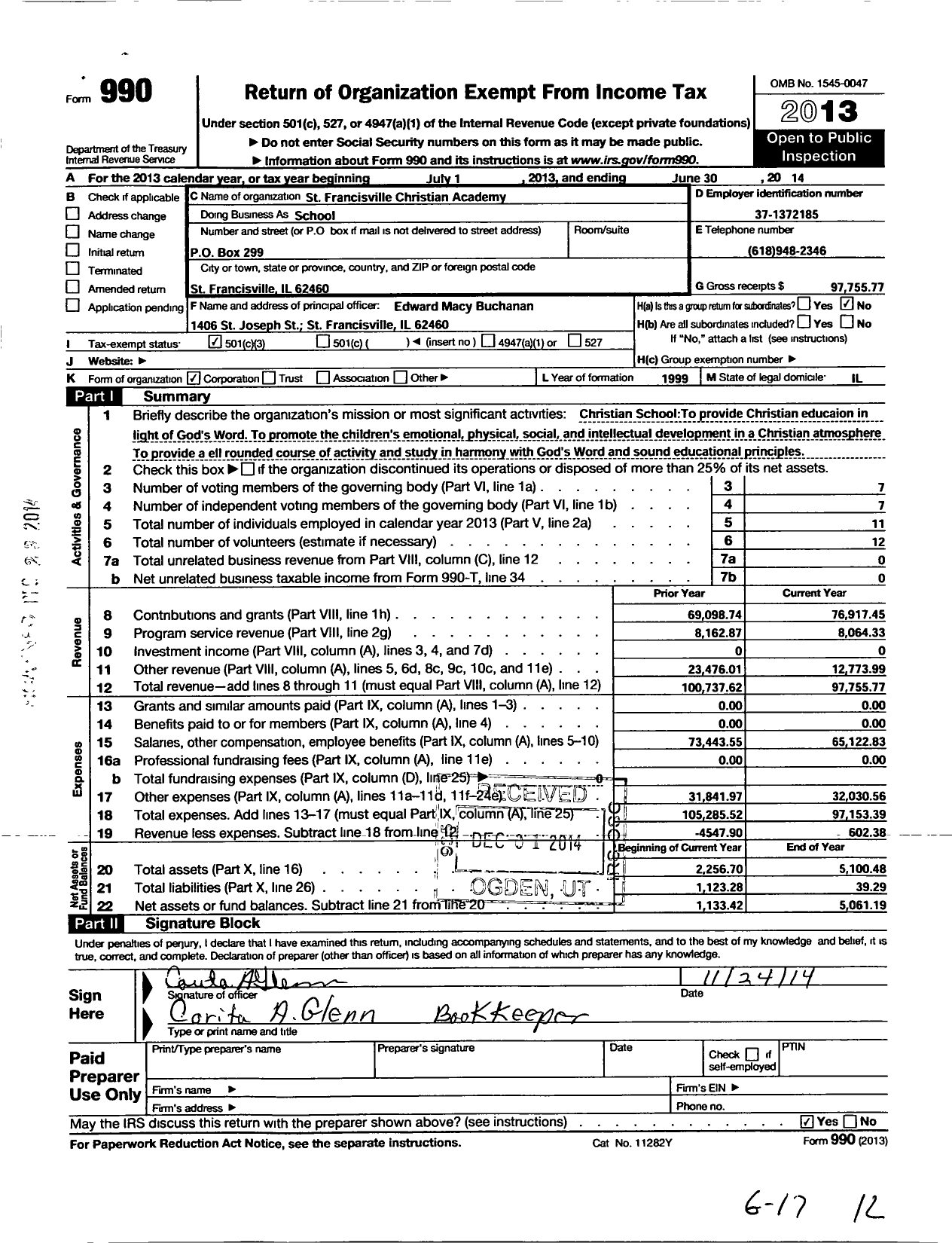 Image of first page of 2013 Form 990 for St Francisville Christian Academy