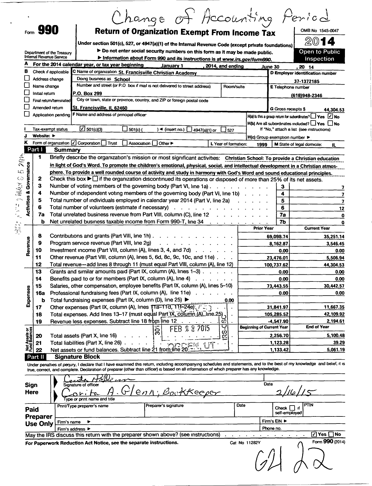 Image of first page of 2013 Form 990 for St Francisville Christian Academy