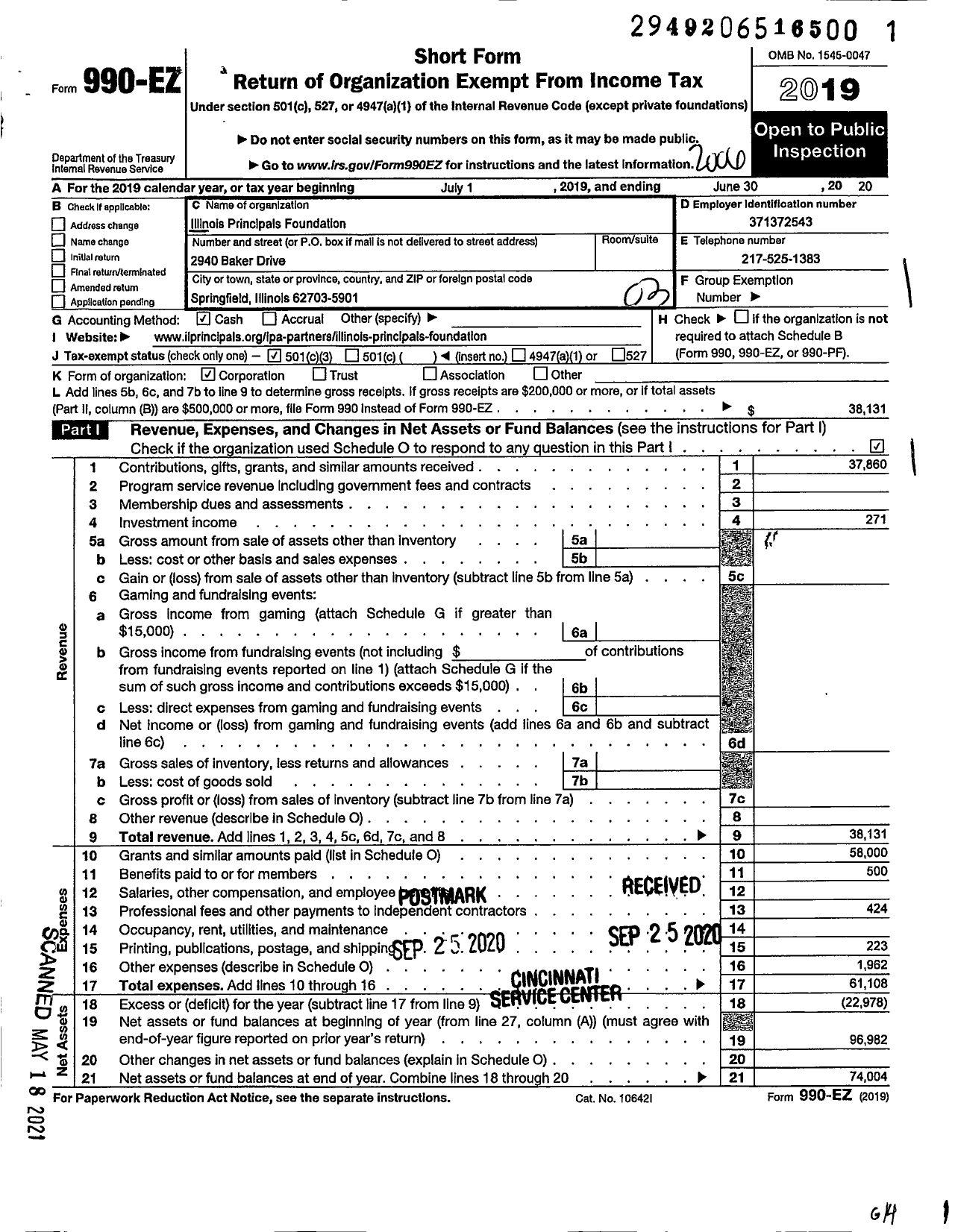 Image of first page of 2019 Form 990EZ for Illinois Principals Foundation