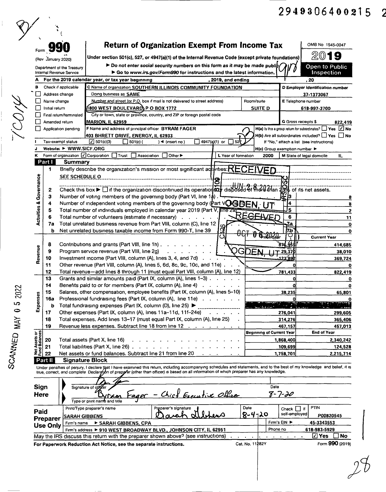 Image of first page of 2019 Form 990 for Southern Illinois Community Foundation