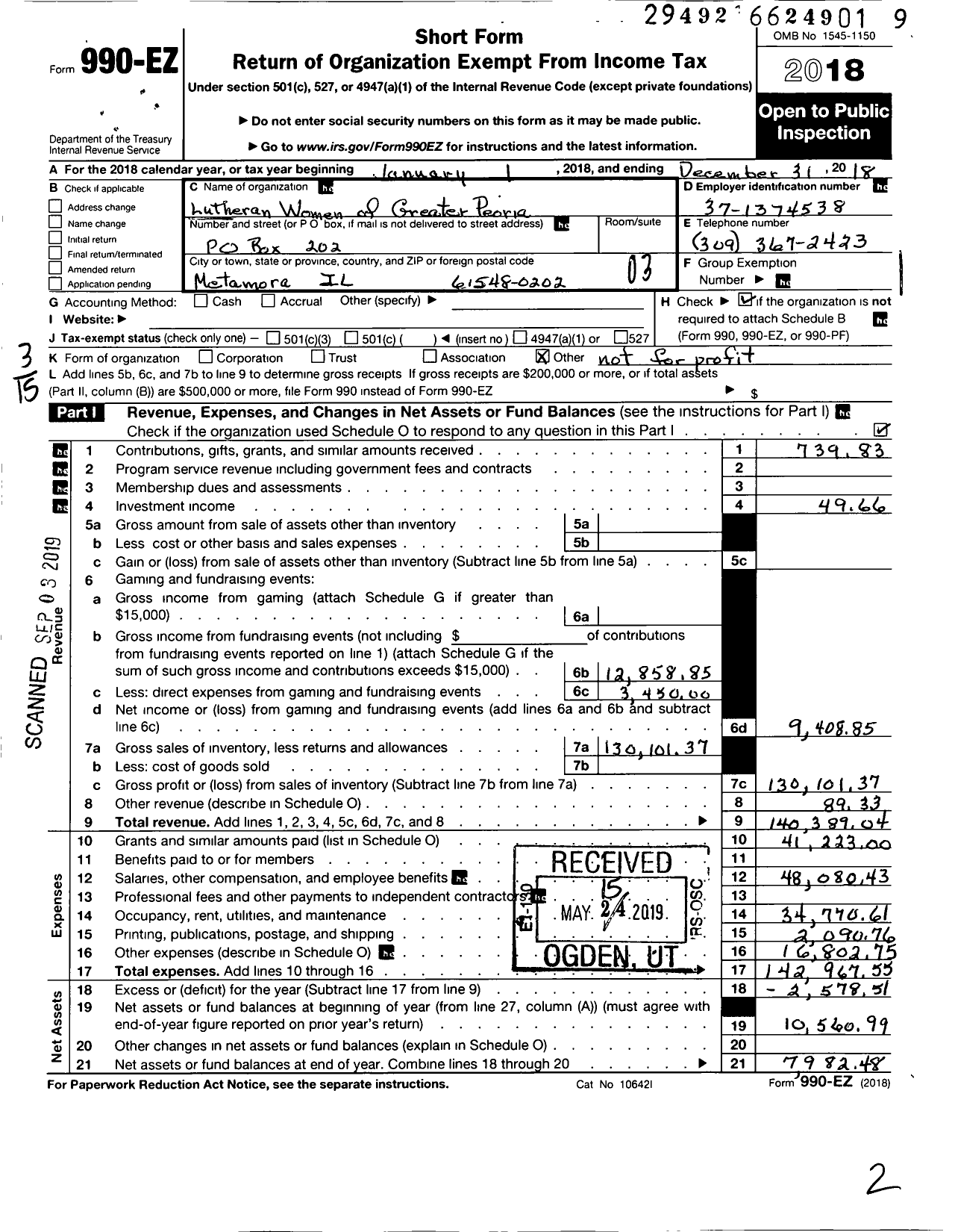 Image of first page of 2018 Form 990EZ for Lutheran Women of Greater Peoria