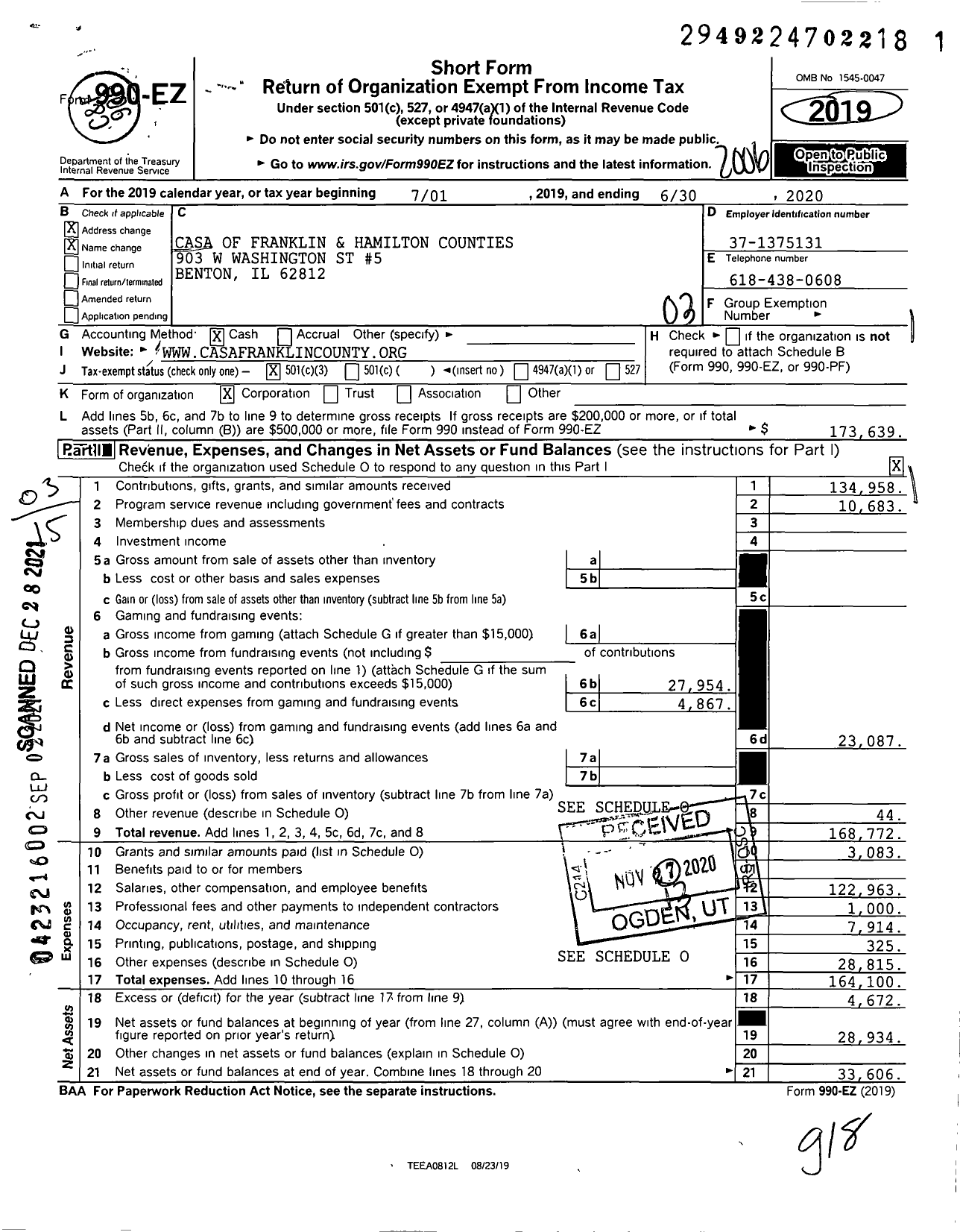 Image of first page of 2019 Form 990EZ for CASA of Franklin & Hamilton Counties