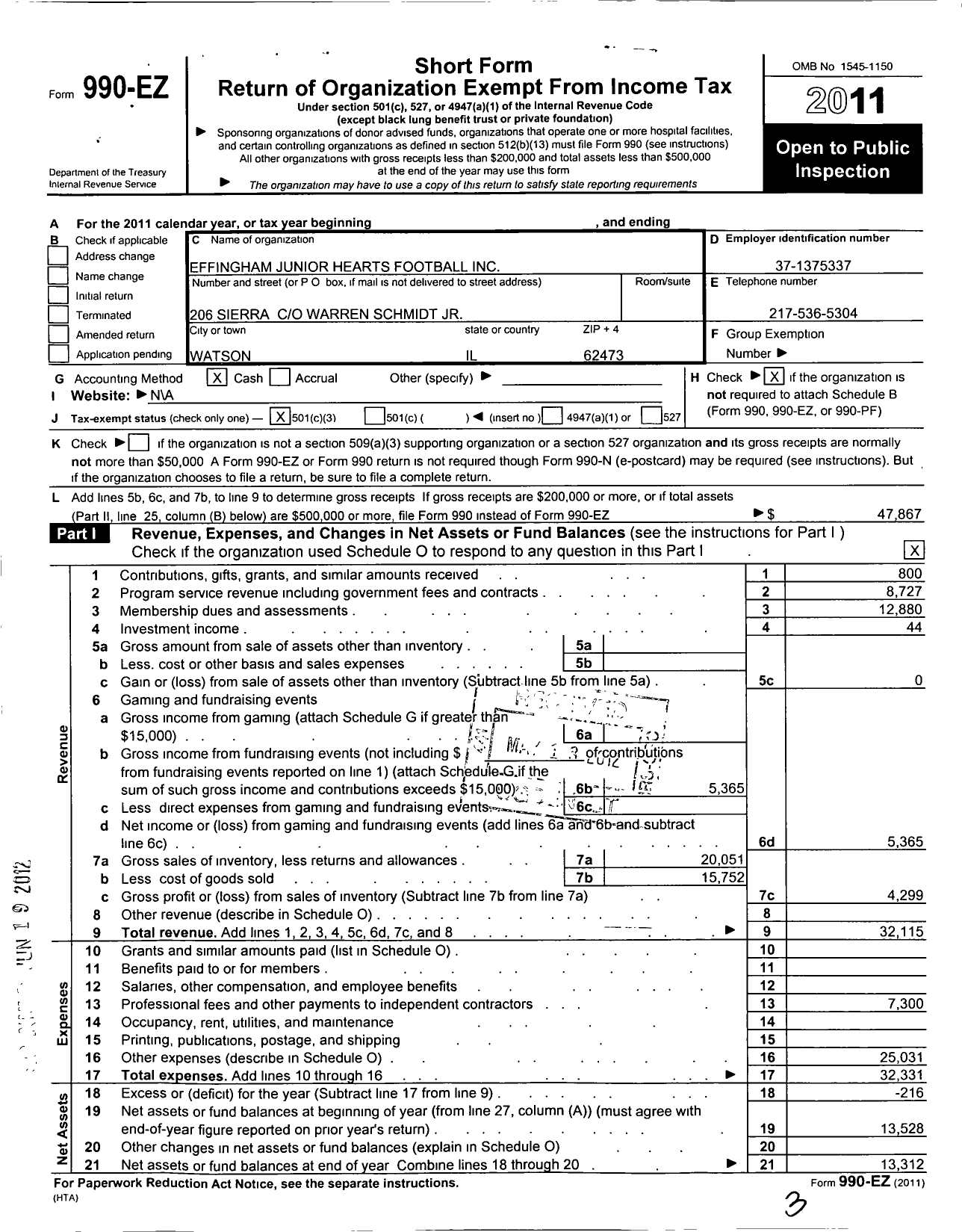 Image of first page of 2011 Form 990EZ for Effingham Junior Hearts Football