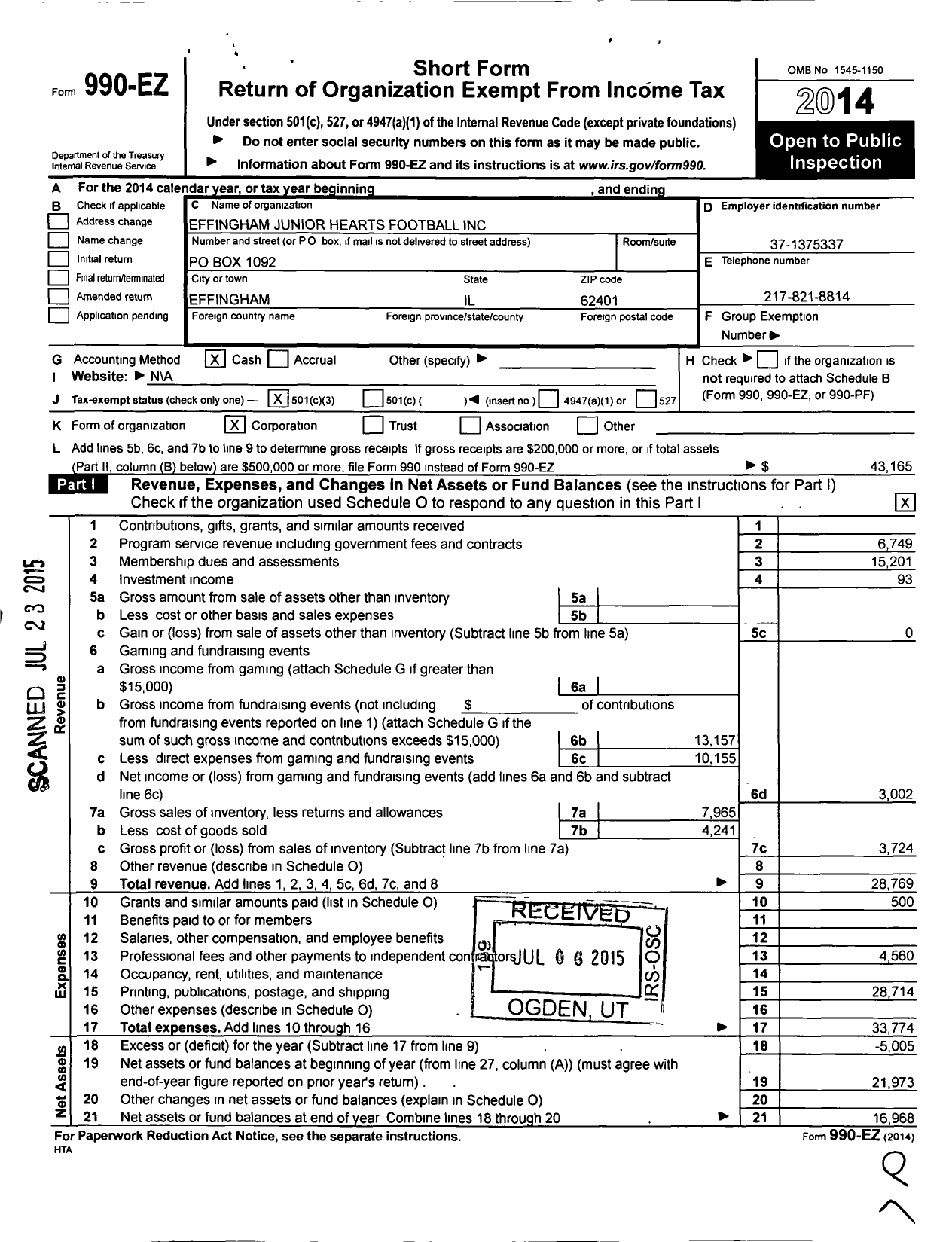 Image of first page of 2014 Form 990EZ for Effingham Junior Hearts Football