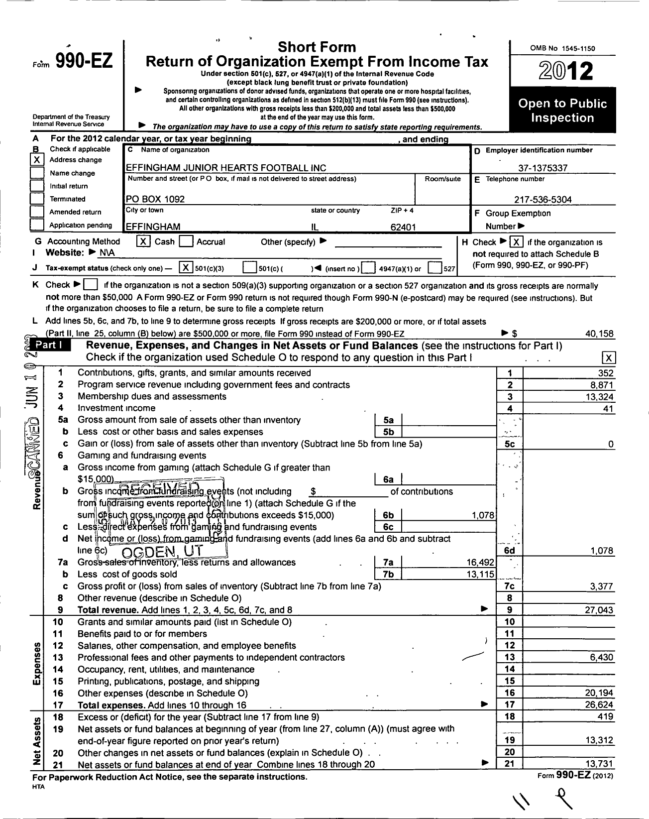 Image of first page of 2012 Form 990EZ for Effingham Junior Hearts Football