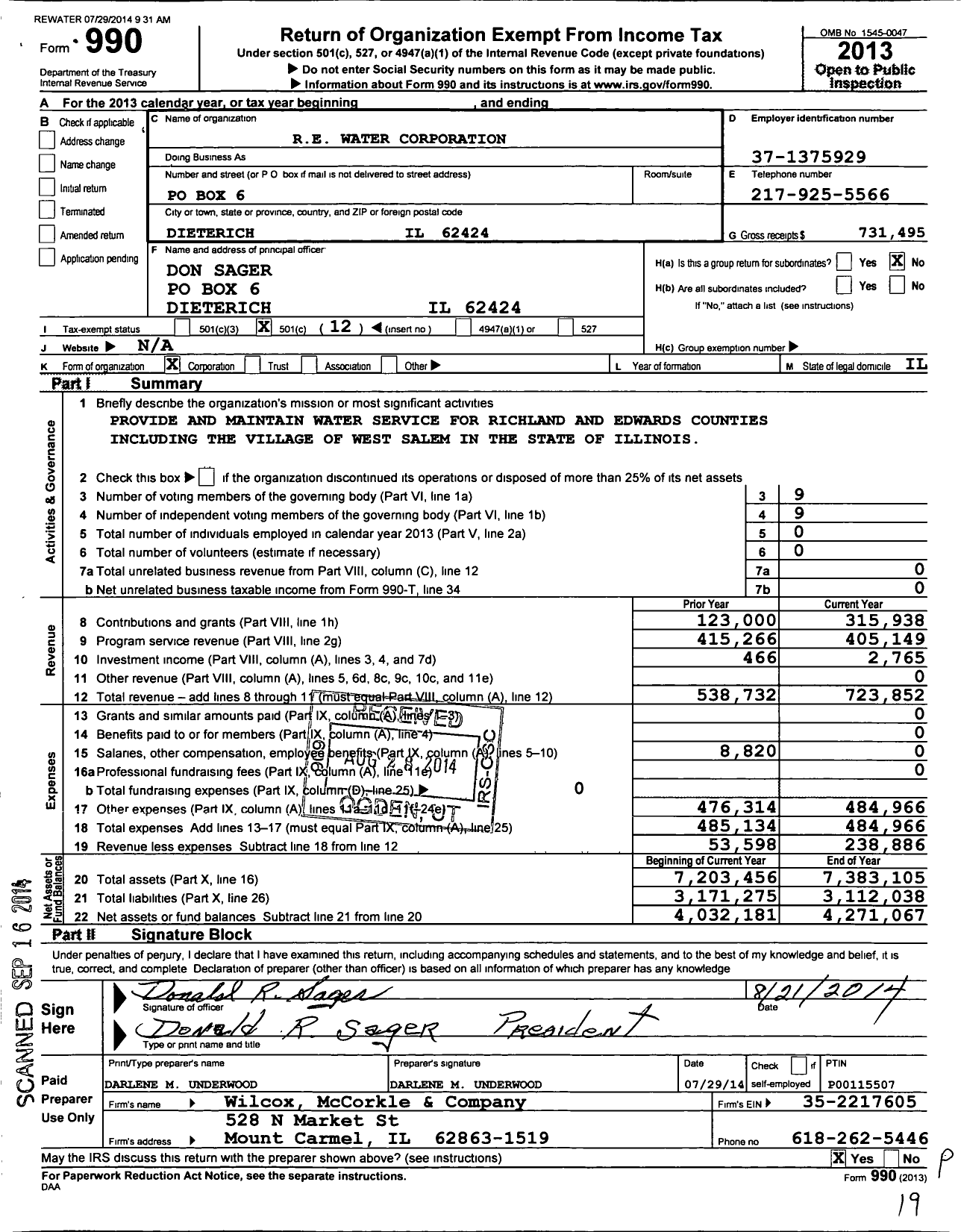 Image of first page of 2013 Form 990O for Re Water Corporation