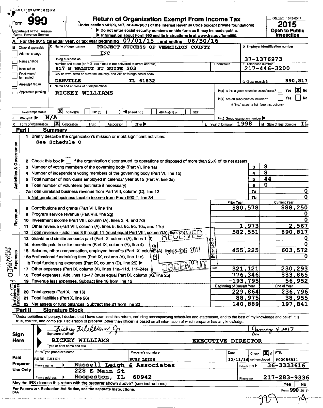 Image of first page of 2015 Form 990 for Project Success of Vermilion County