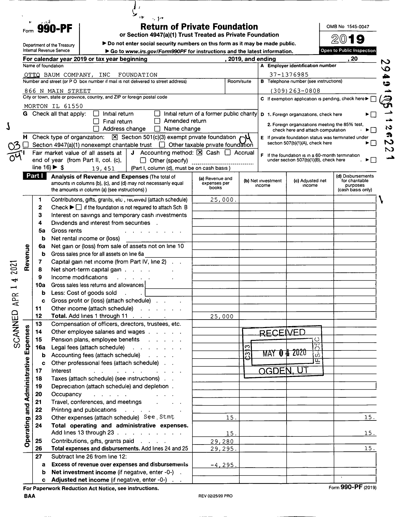 Image of first page of 2019 Form 990PF for Otto Baum Company Foundation