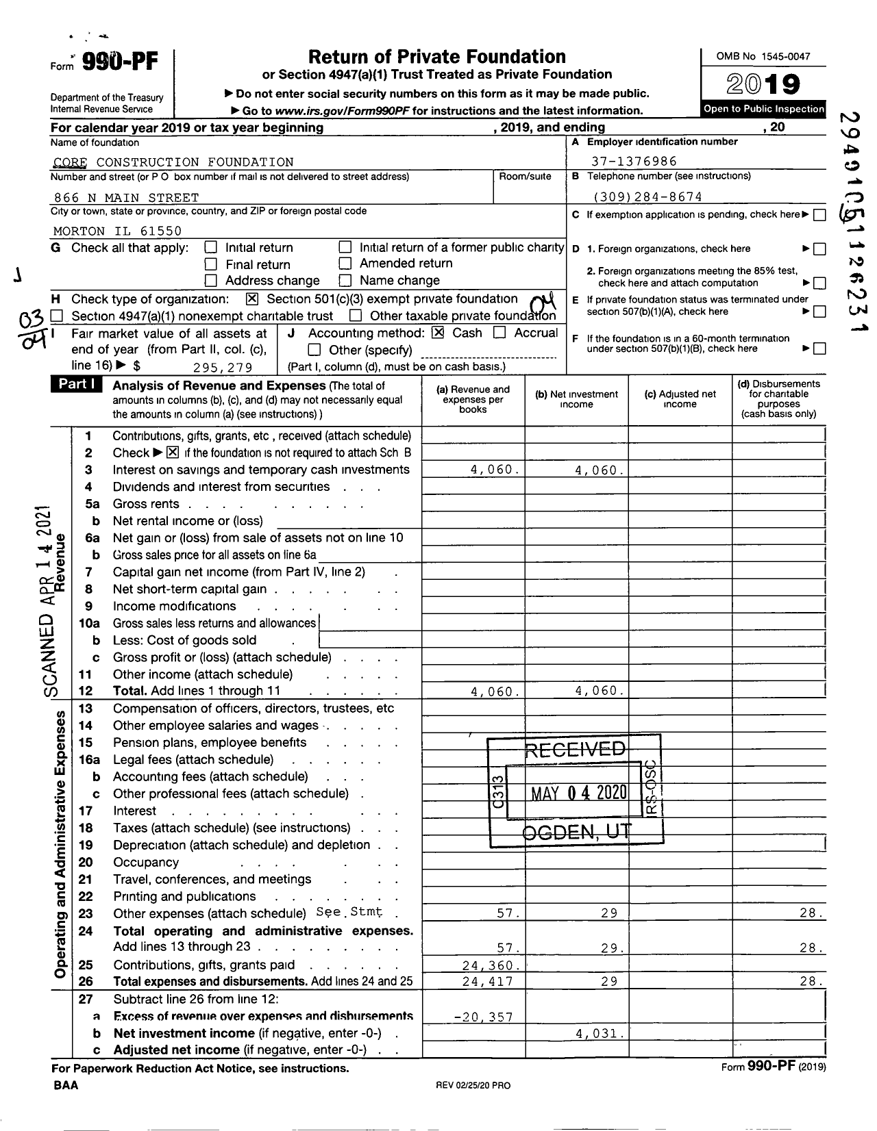 Image of first page of 2019 Form 990PF for Core Construction Foundation