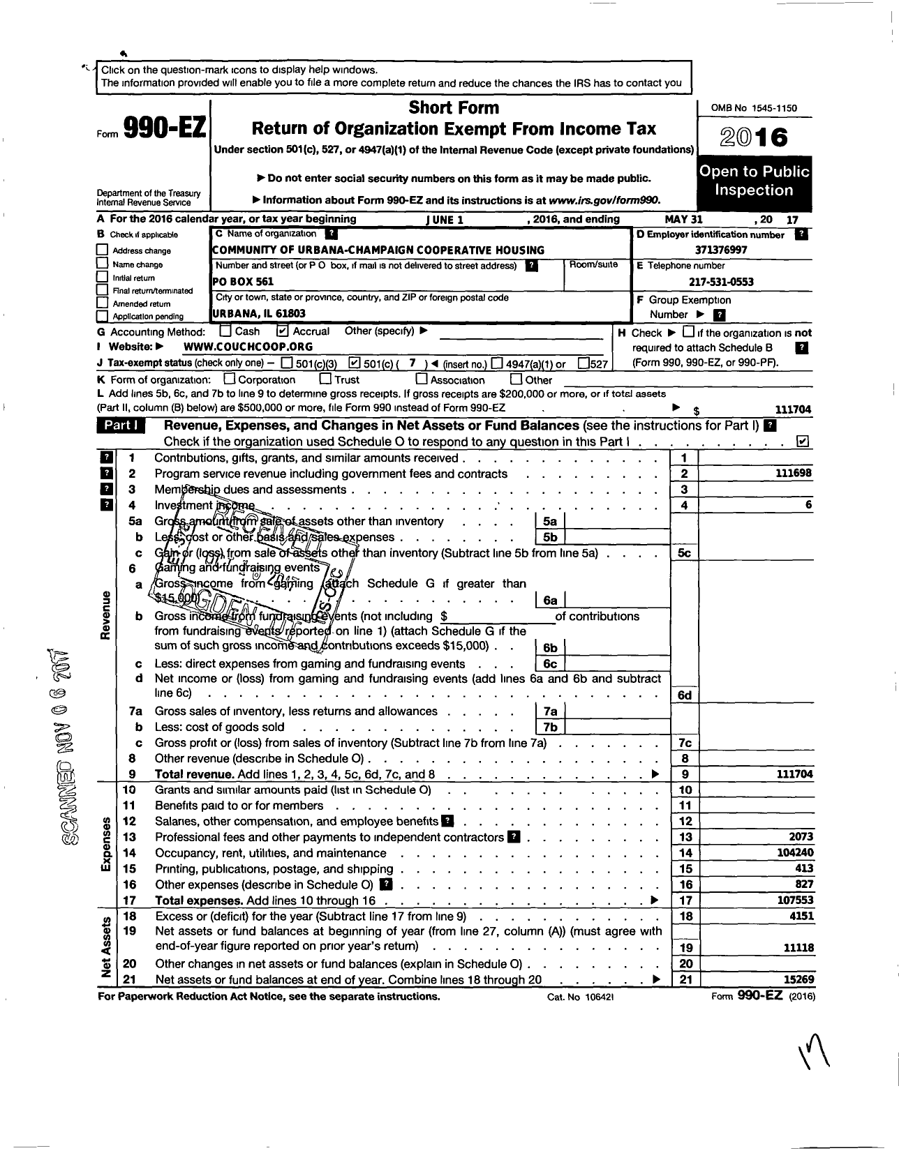 Image of first page of 2016 Form 990EO for Community of Urbana Champaign Cooperative Housing