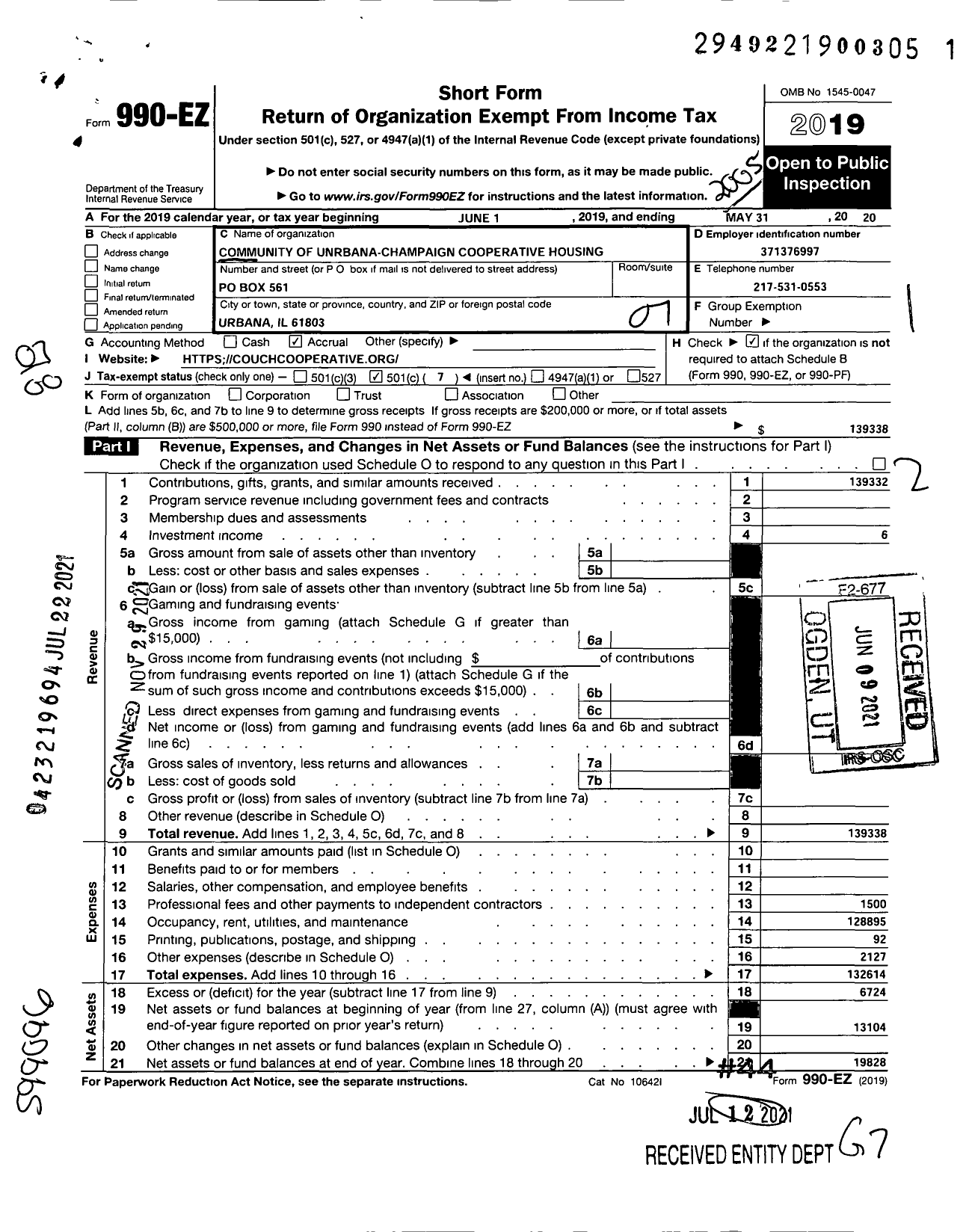 Image of first page of 2019 Form 990EO for Community of Urbana Champaign Cooperative Housing