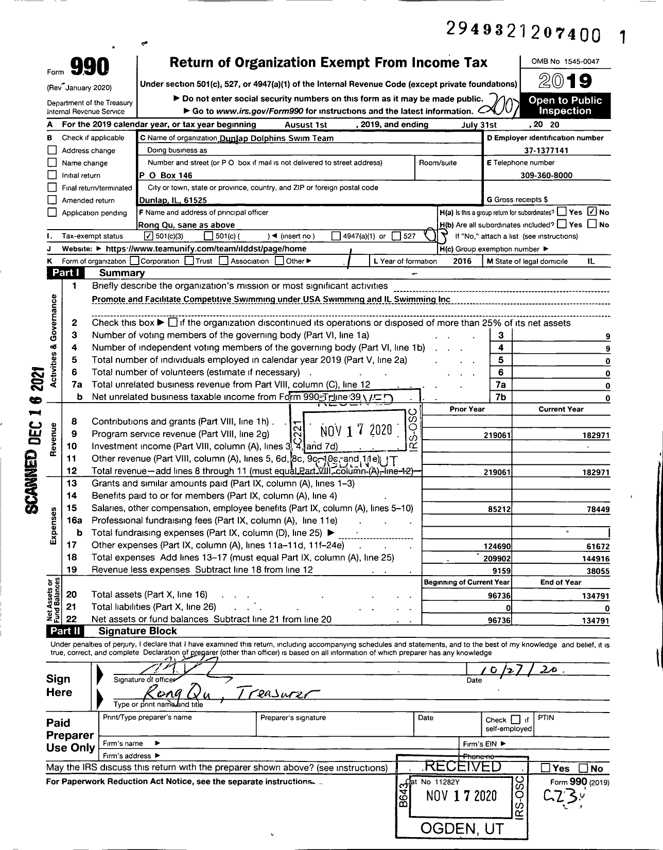 Image of first page of 2019 Form 990 for Dunlap Dolphin Swim Team