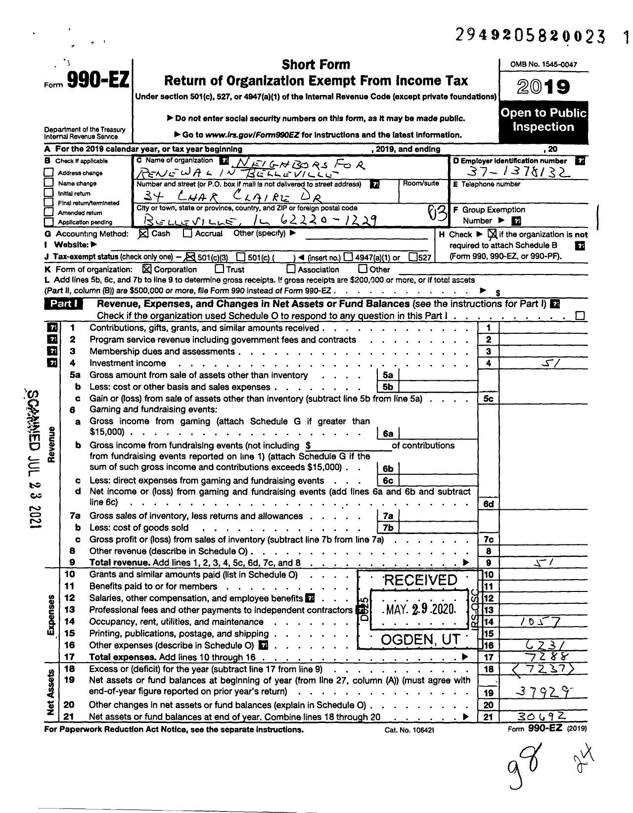 Image of first page of 2019 Form 990EZ for Neighbors for Renewal in Belleville