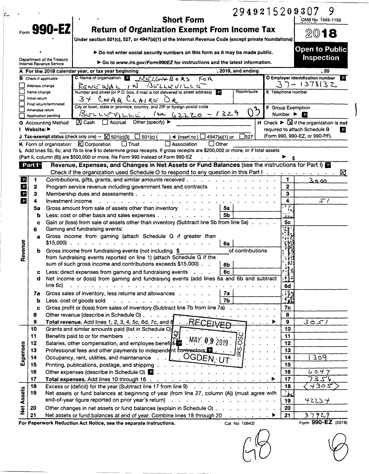 Image of first page of 2018 Form 990EZ for Neighbors for Renewal in Belleville