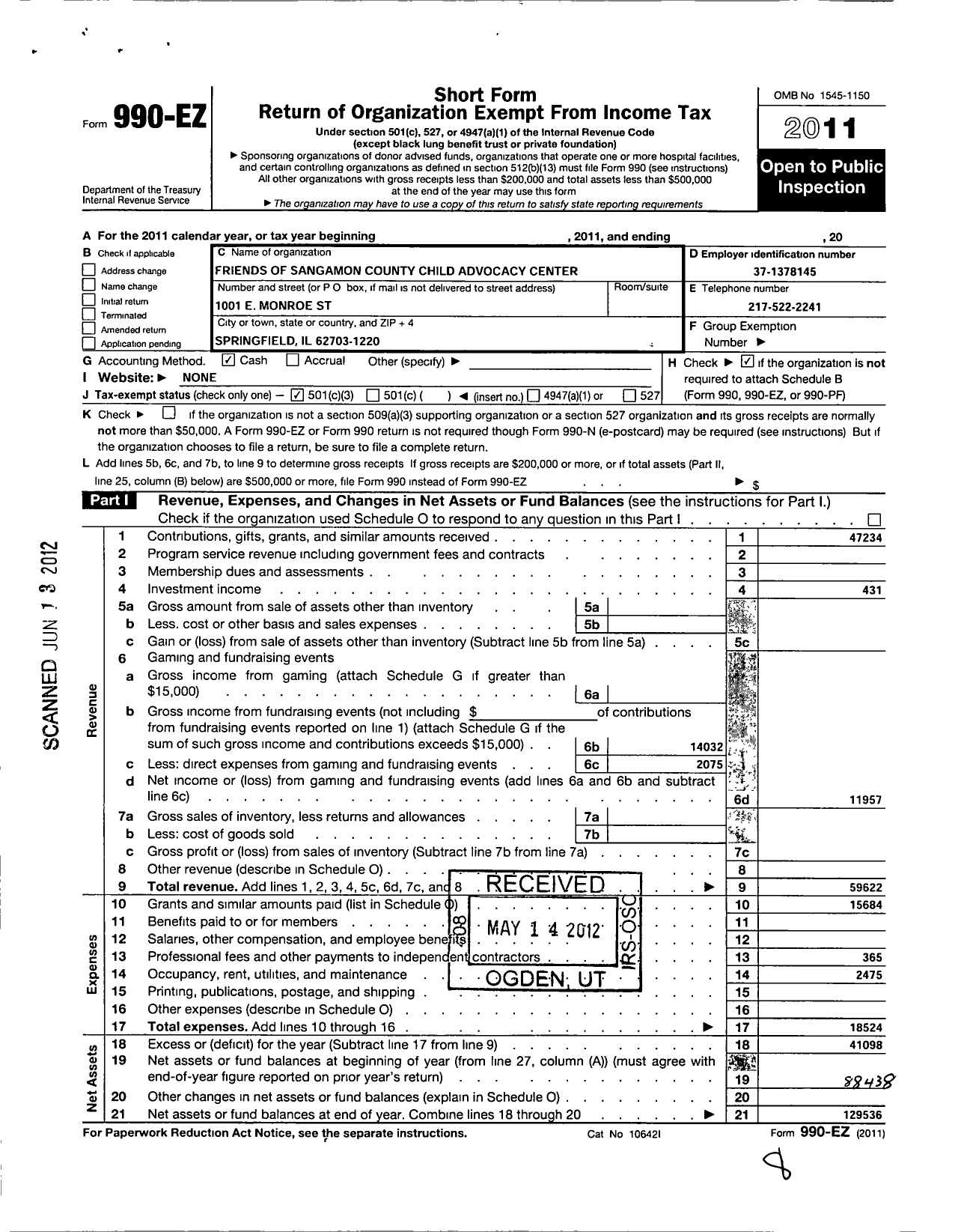 Image of first page of 2011 Form 990EZ for Friends of the Sangamon County Child Advocacy Center