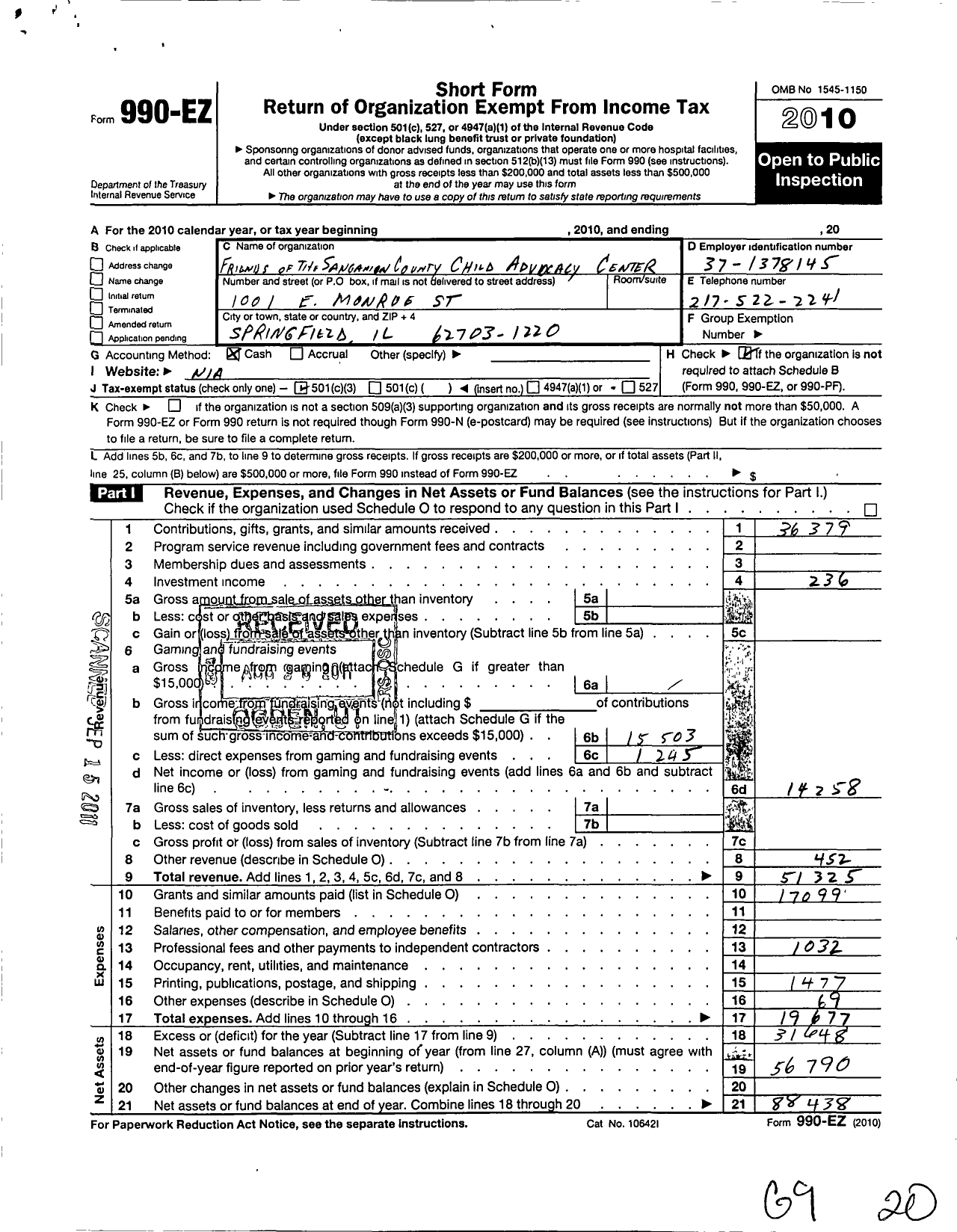 Image of first page of 2010 Form 990EZ for Friends of the Sangamon County Child Advocacy Center