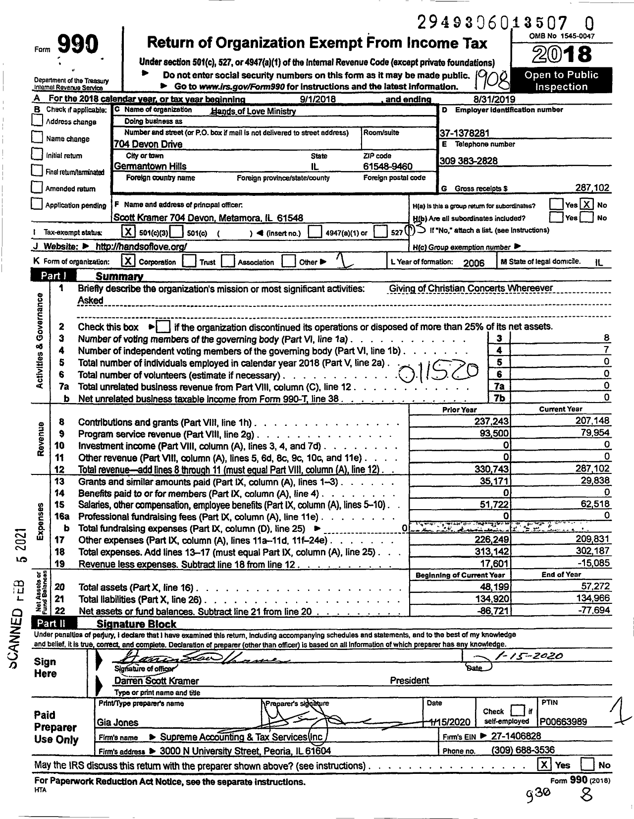 Image of first page of 2018 Form 990 for Hands of Love Ministry