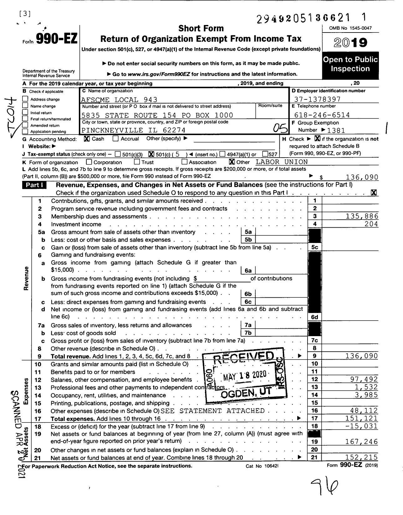 Image of first page of 2019 Form 990EO for American Federation of State County & Municipal Employees - L0943il Pinckneyville Corr Ctr Emps