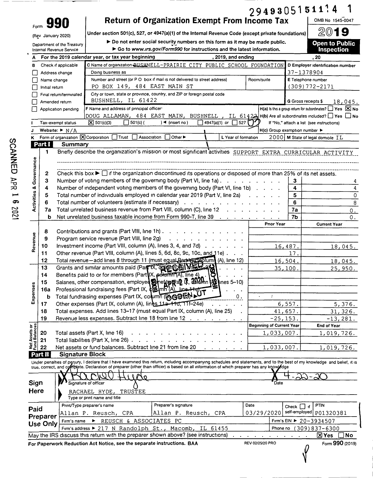 Image of first page of 2019 Form 990 for Bushnell-Prairie City Public School Foundation