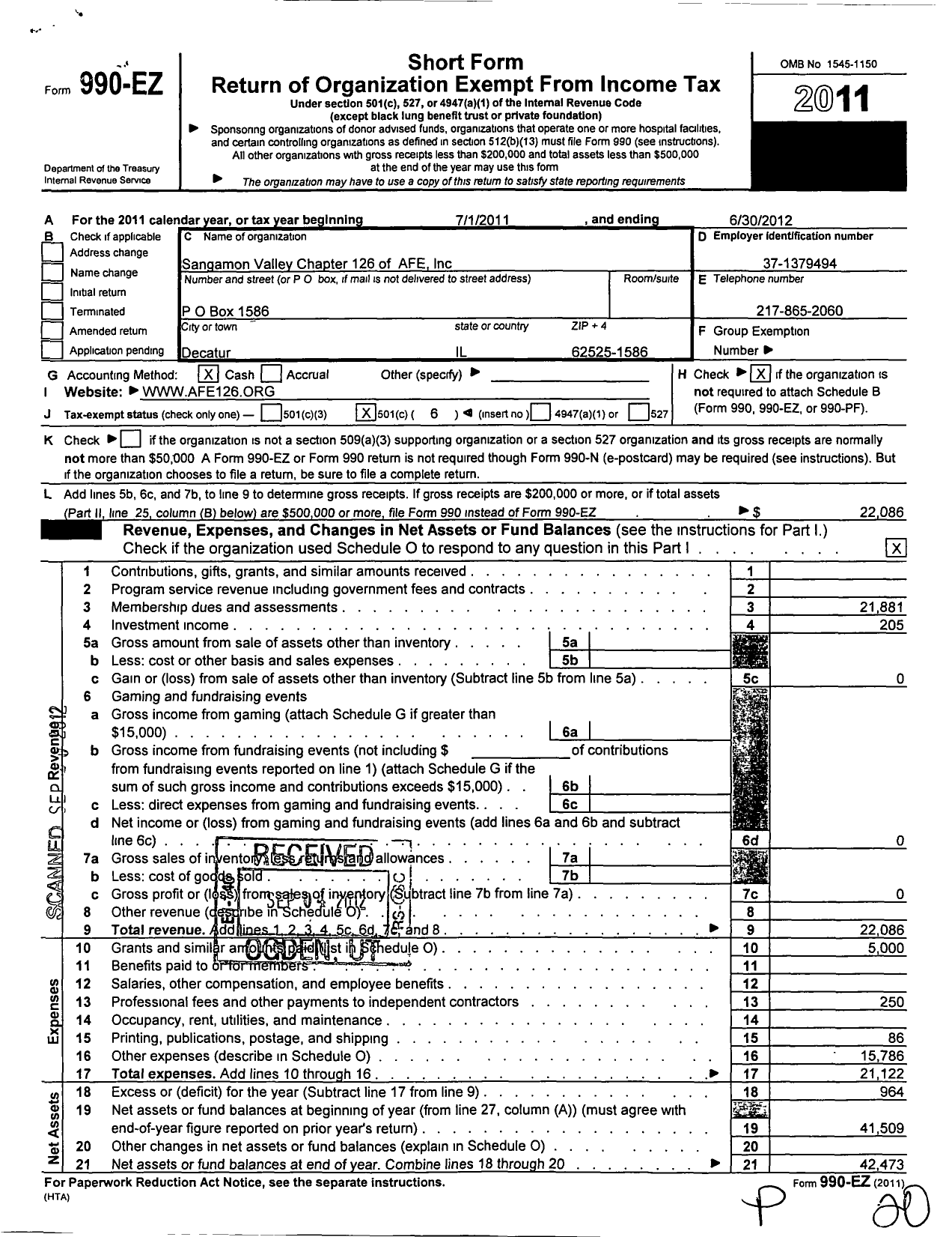 Image of first page of 2011 Form 990EO for Sangamon Valley Chapter 126 of the Association of Fac Engineers