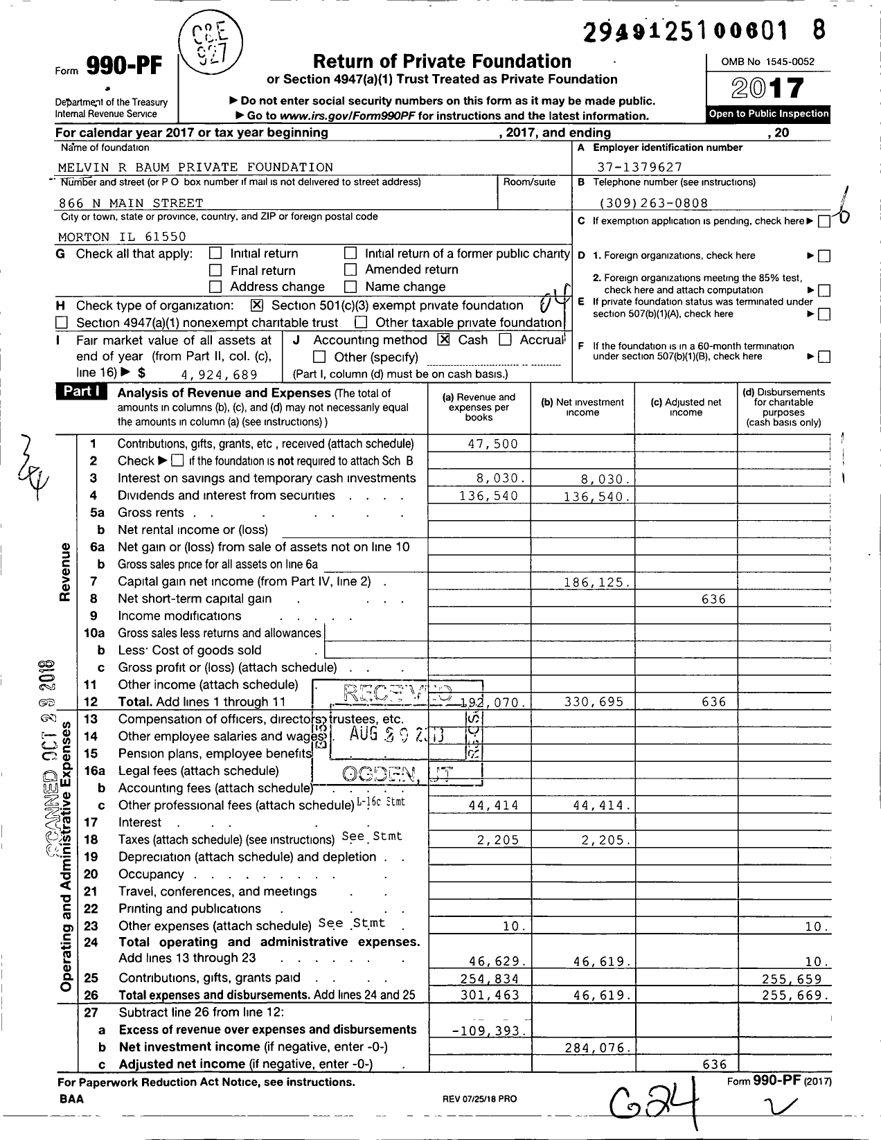 Image of first page of 2017 Form 990PF for Melvin R Baum Private Foundation