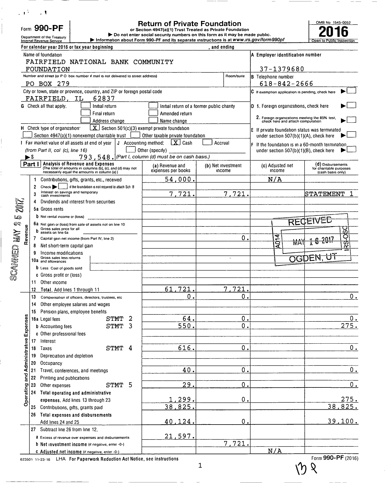 Image of first page of 2016 Form 990PF for Fairfield National Bank Community Foundation