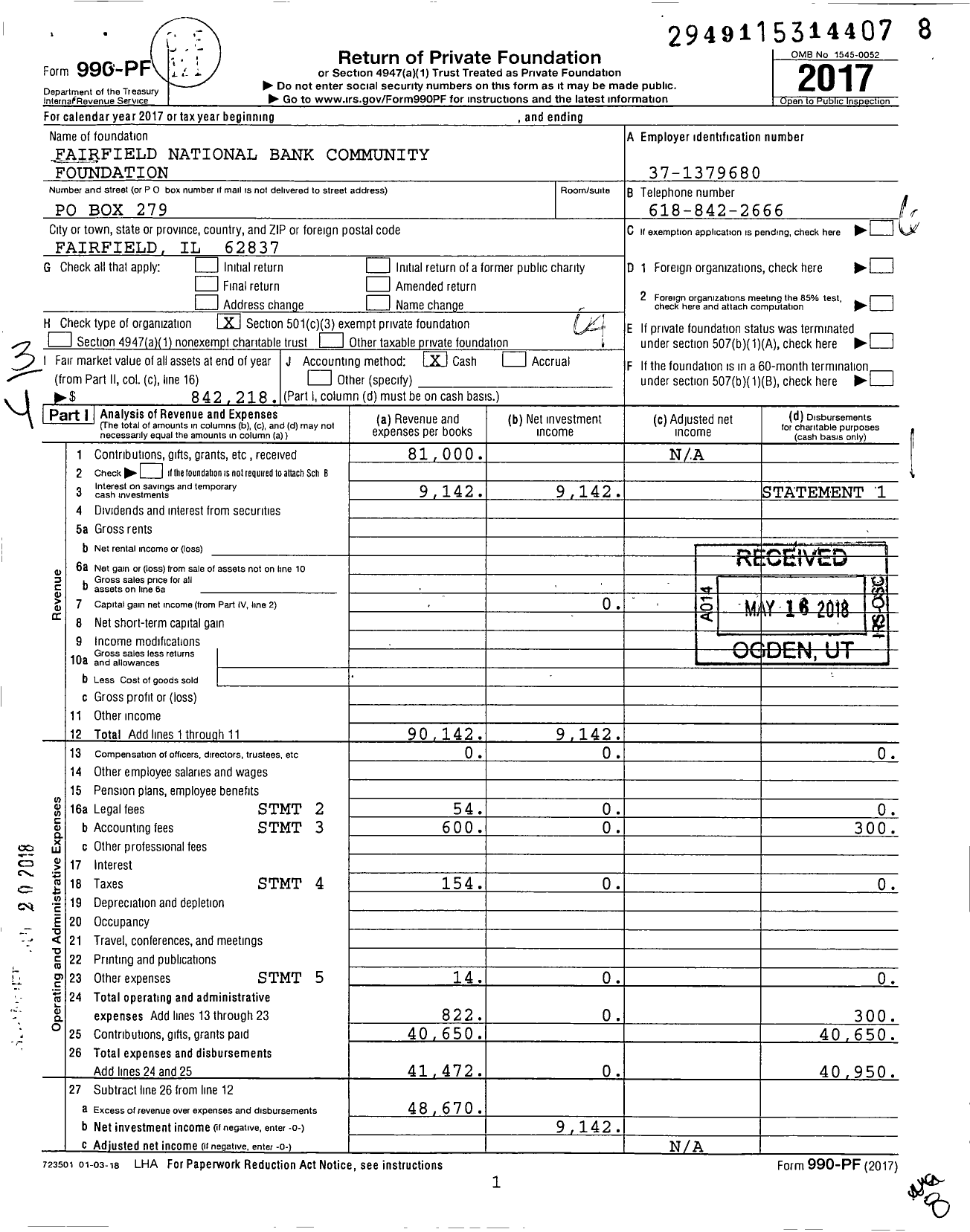 Image of first page of 2017 Form 990PF for Fairfield National Bank Community Foundation