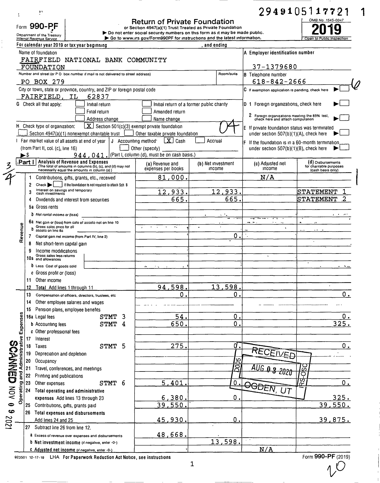 Image of first page of 2019 Form 990PF for Fairfield National Bank Community Foundation