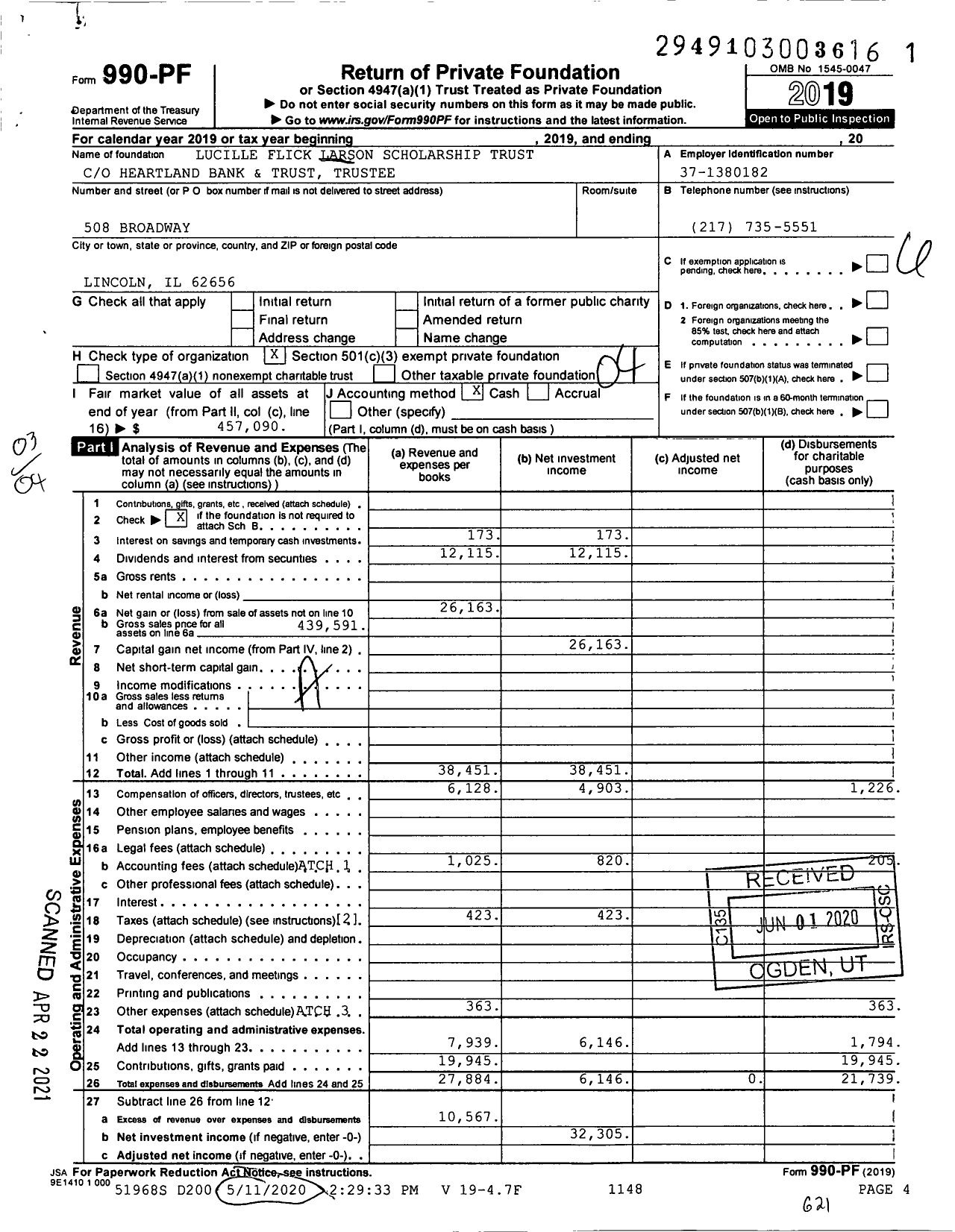 Image of first page of 2019 Form 990PF for Lucille Flick Larson Scholarship Trust