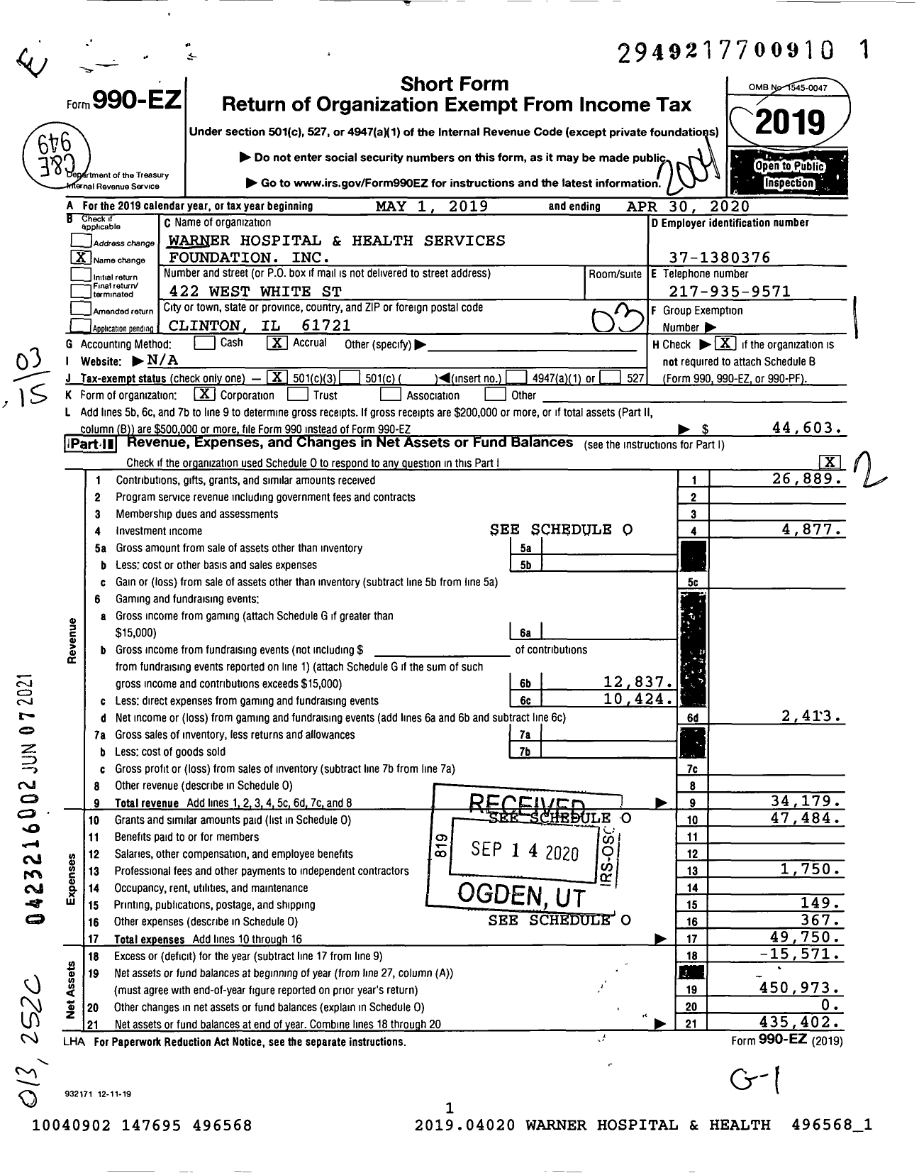 Image of first page of 2019 Form 990EZ for Warner Hospital and Health Services Foundation