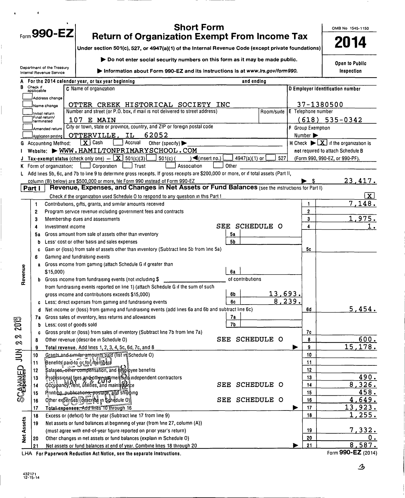 Image of first page of 2014 Form 990EZ for Otter Creek Historical Society