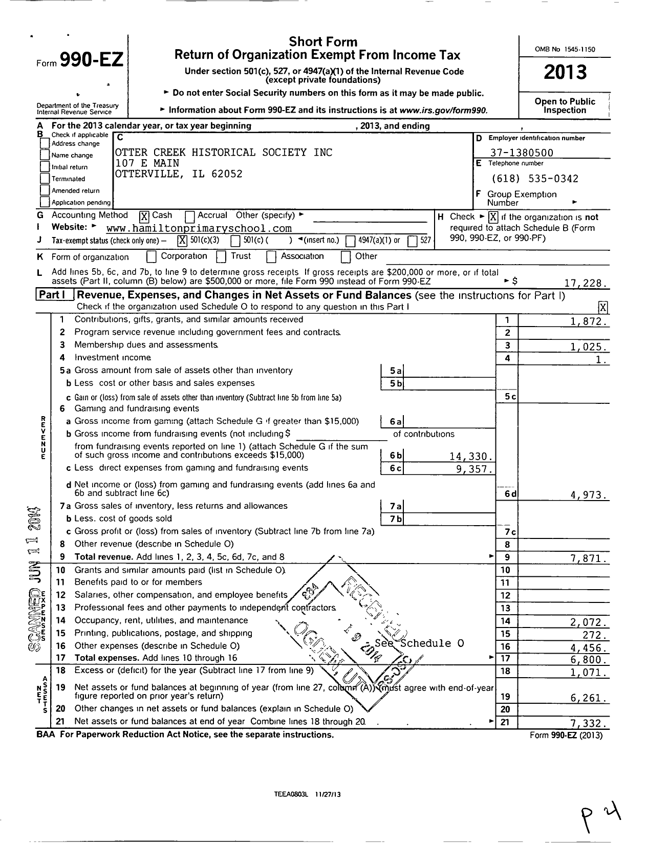 Image of first page of 2013 Form 990EZ for Otter Creek Historical Society