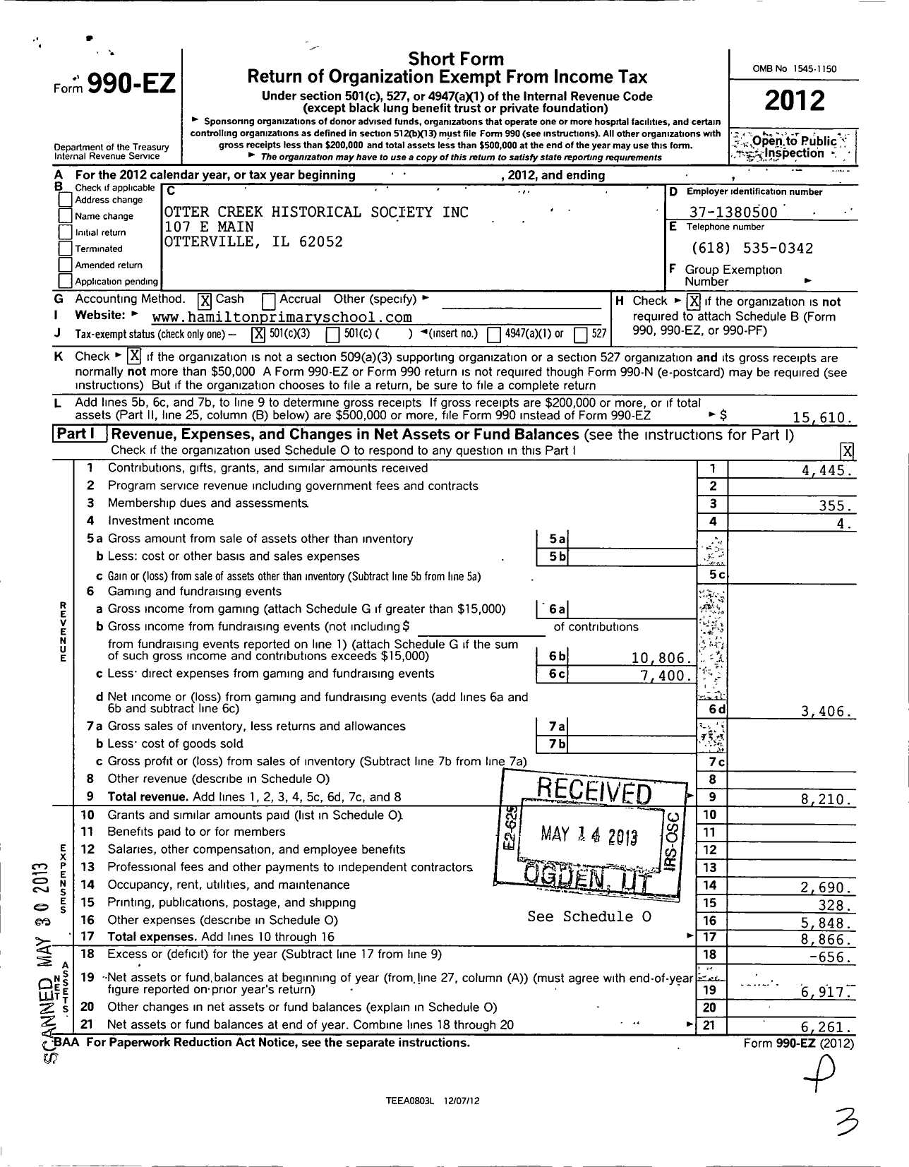 Image of first page of 2012 Form 990EZ for Otter Creek Historical Society