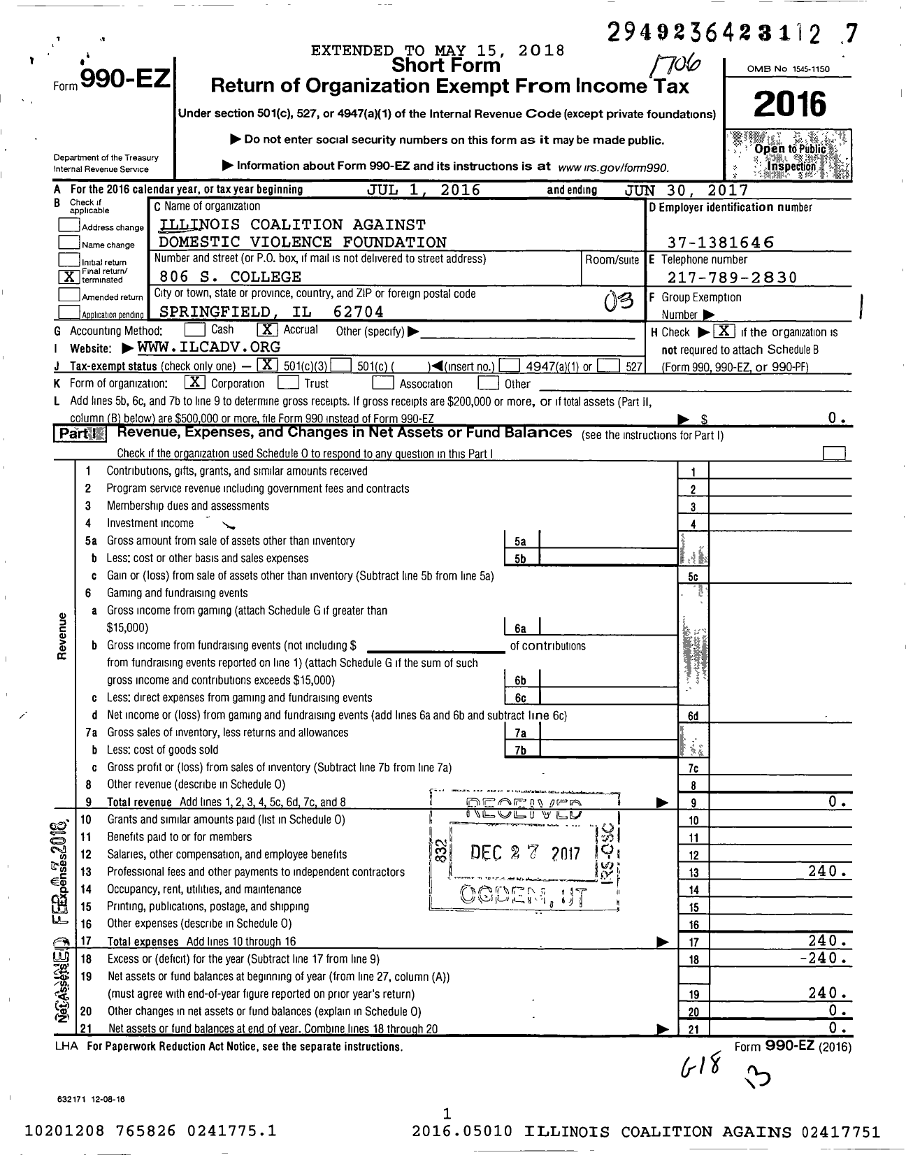 Image of first page of 2016 Form 990EZ for Illinois Coalition Against Domestic Violence Foundation