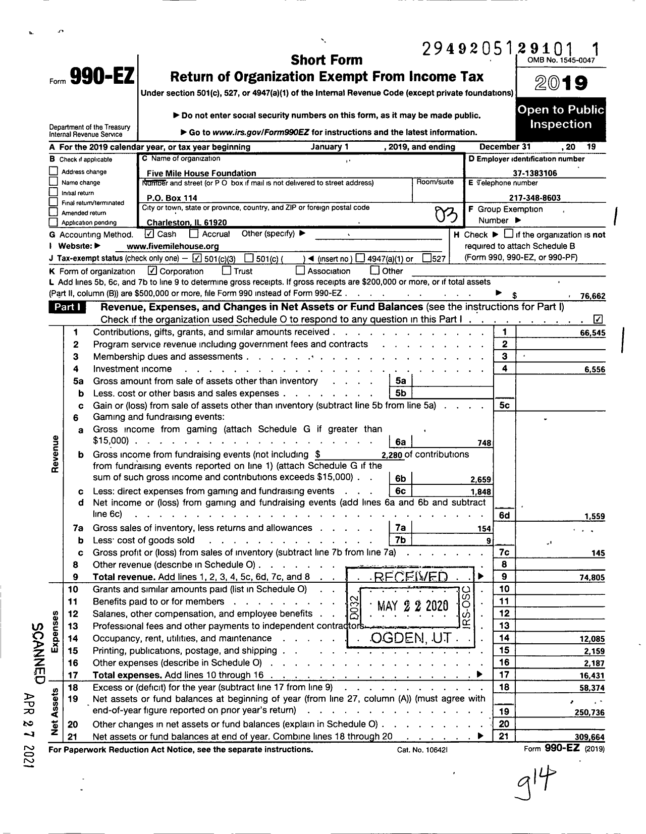 Image of first page of 2019 Form 990EZ for Five Mile House Foundation